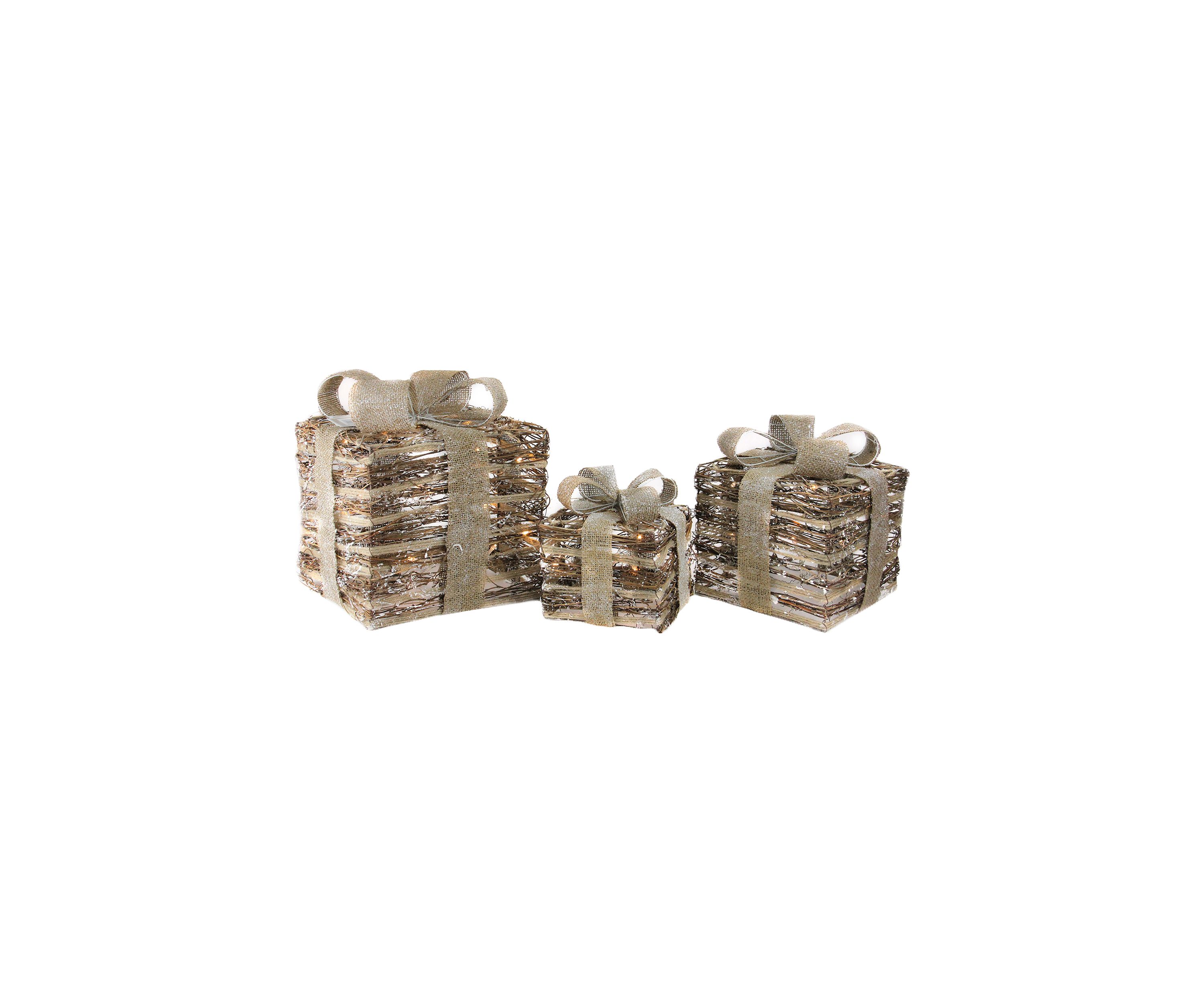 Set of 3 Lighted Rattan Gift Boxes with Burlap Bows Table Top Christmas Decoration