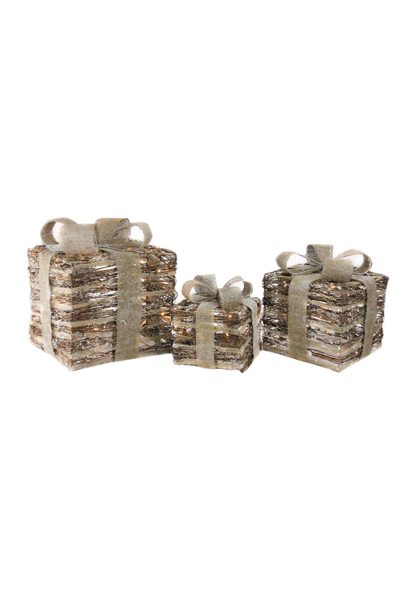 Set of 3 Lighted Rattan Gift Boxes with Burlap Bows Table Top Christmas Decoration