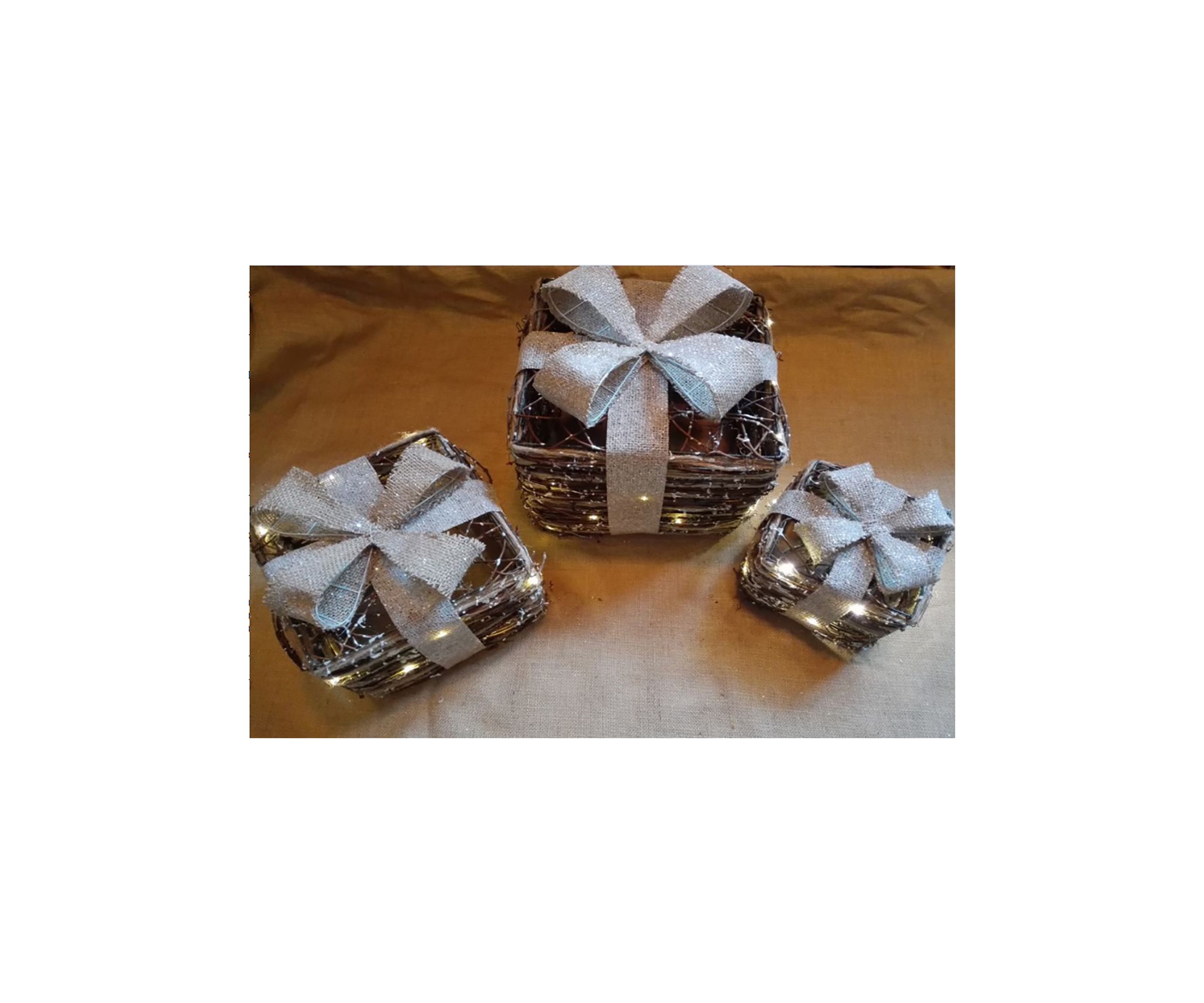 Set of 3 Lighted Rattan Gift Boxes with Burlap Bows Table Top Christmas Decoration