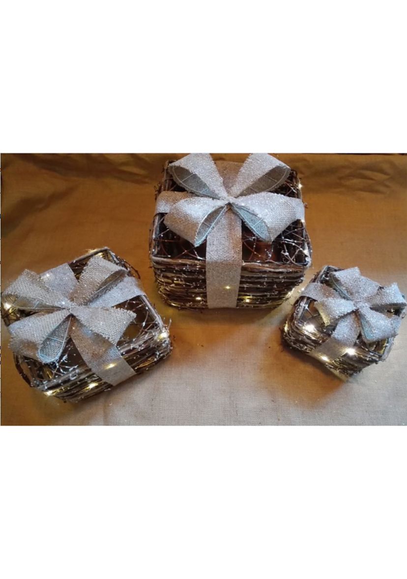 Set of 3 Lighted Rattan Gift Boxes with Burlap Bows Table Top Christmas Decoration