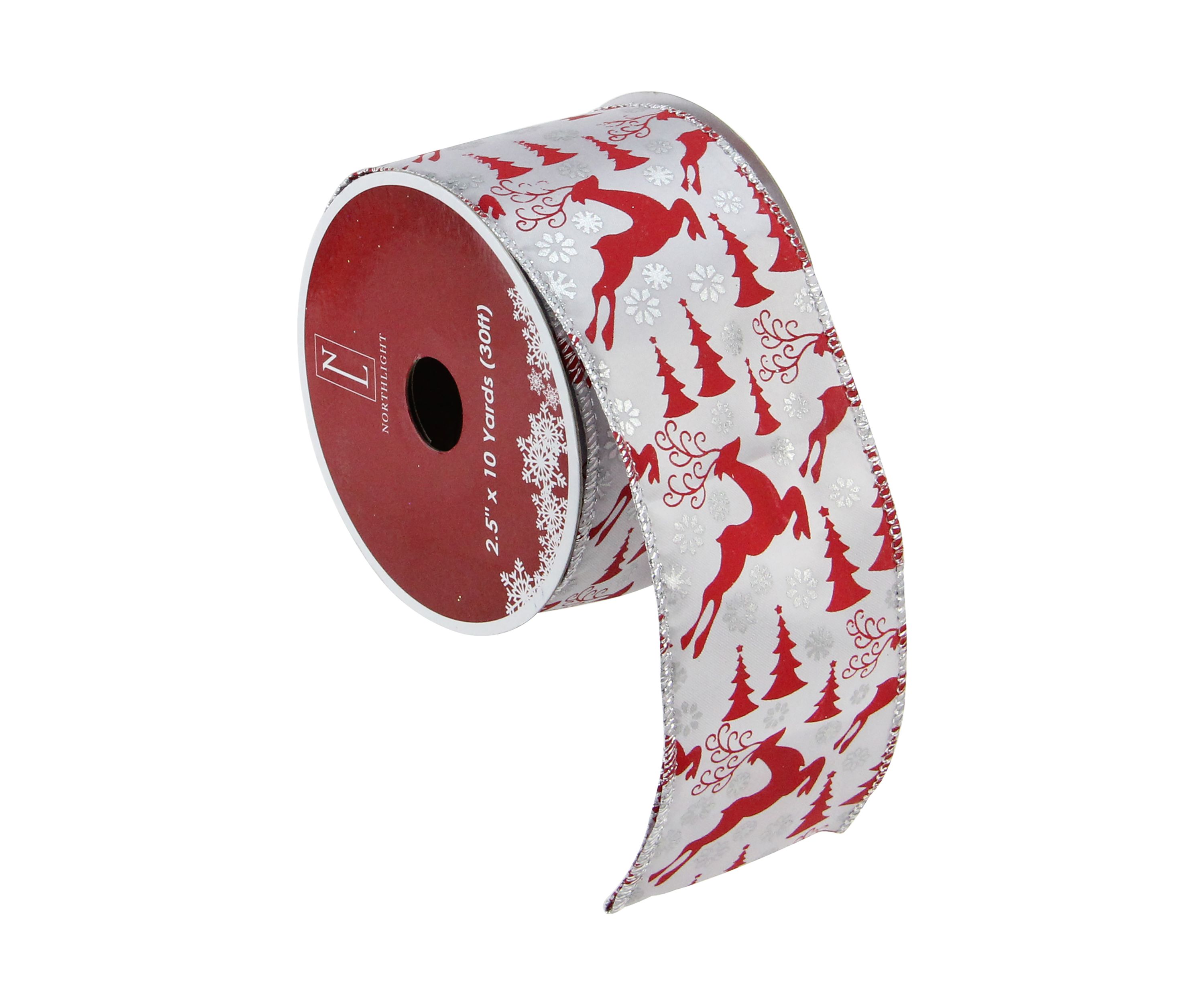 Pack of 12 Silver and Red Flying Reindeer Christmas Wired Craft Ribbon Spools - 2.5Inch x 120 Yards