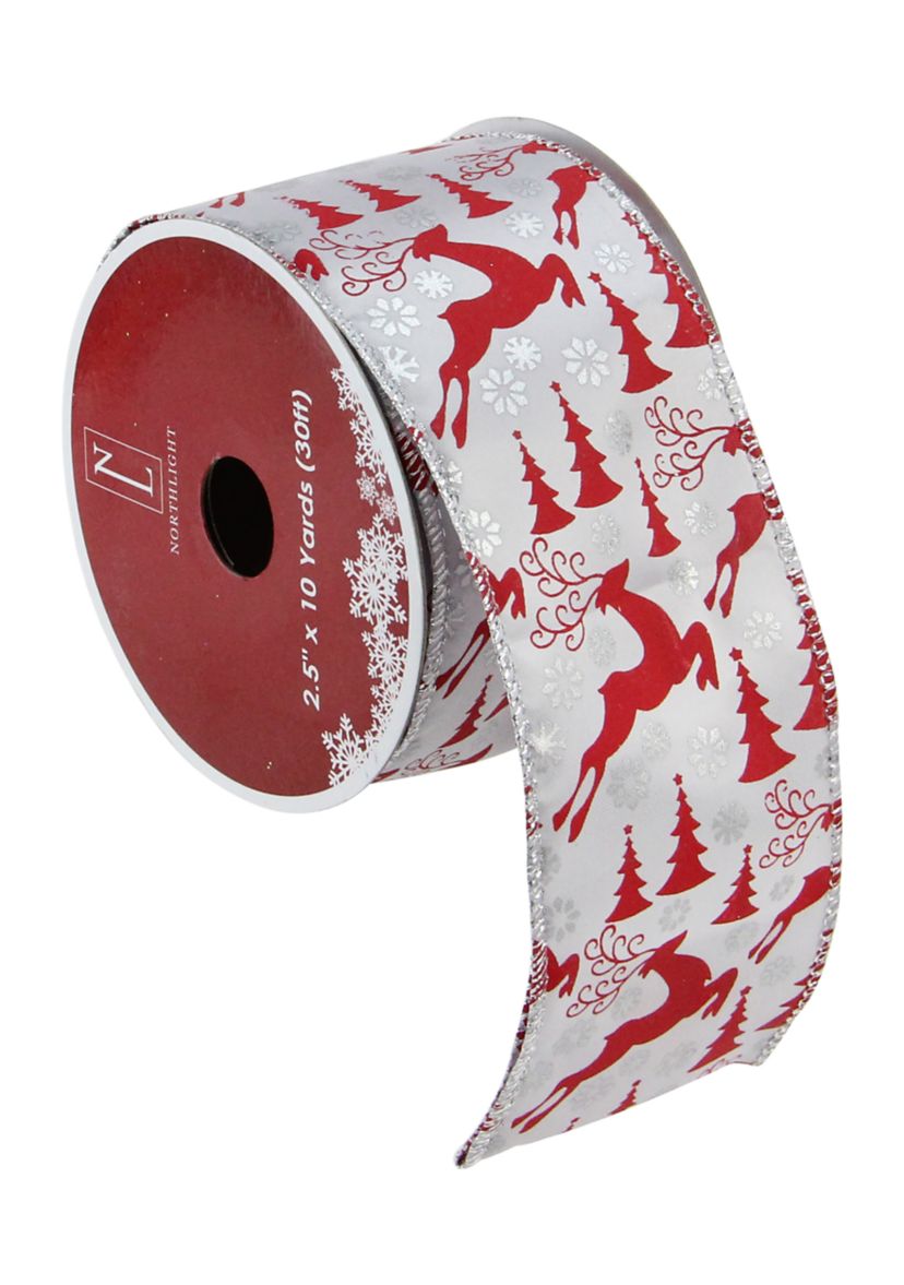 Pack of 12 Silver and Red Flying Reindeer Christmas Wired Craft Ribbon Spools - 2.5Inch x 120 Yards