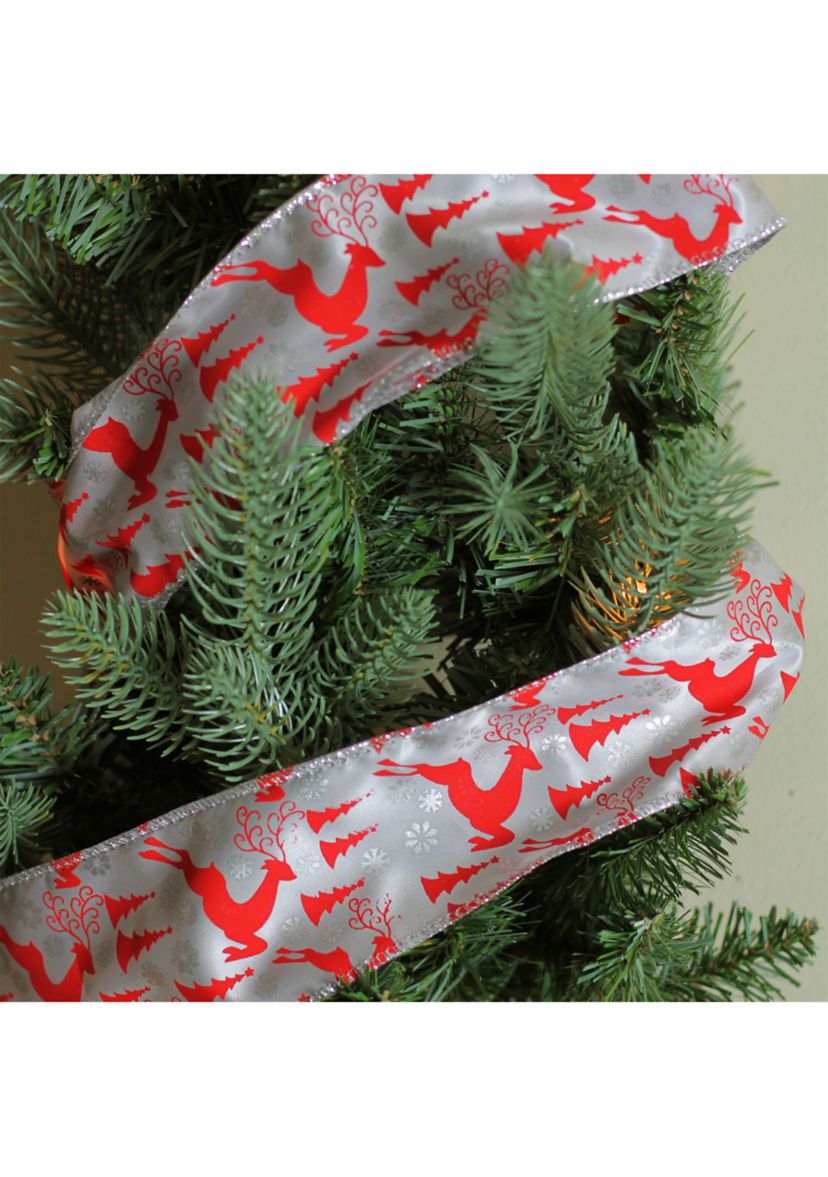 Pack of 12 Silver and Red Flying Reindeer Christmas Wired Craft Ribbon Spools - 2.5Inch x 120 Yards