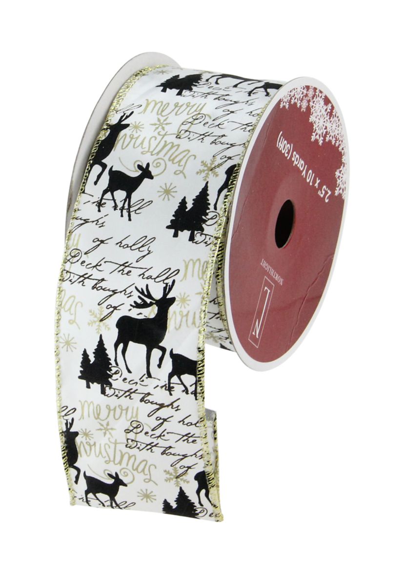 Pack of 12 White and Black Playful Reindeer Christmas Wired Craft Ribbons - 2.5Inch x 120 Yards
