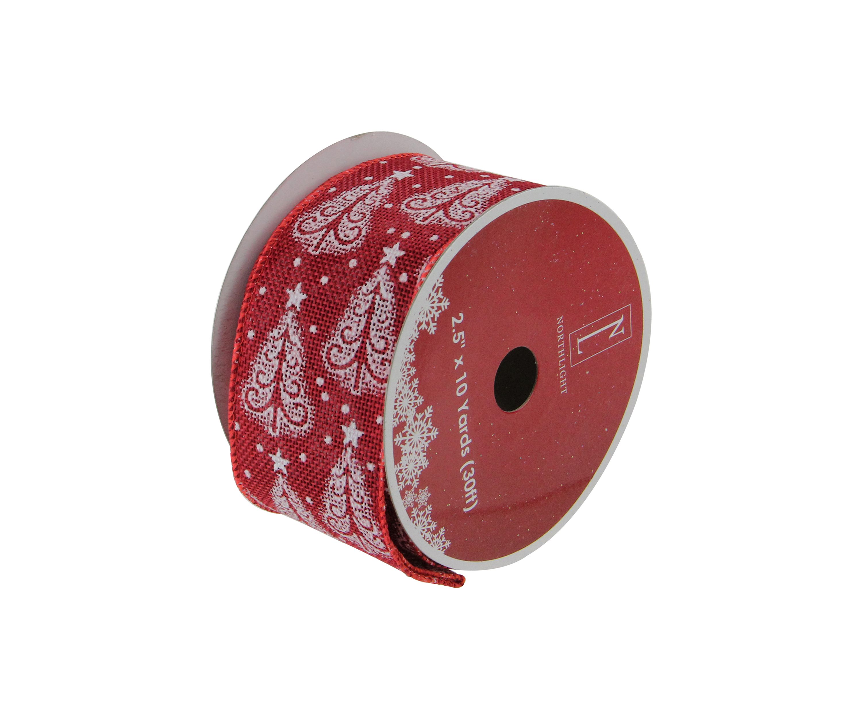 Pack of 12 Cranberry Red and White Trees Wired Christmas Craft Ribbon 2.5 x 120 Yards
