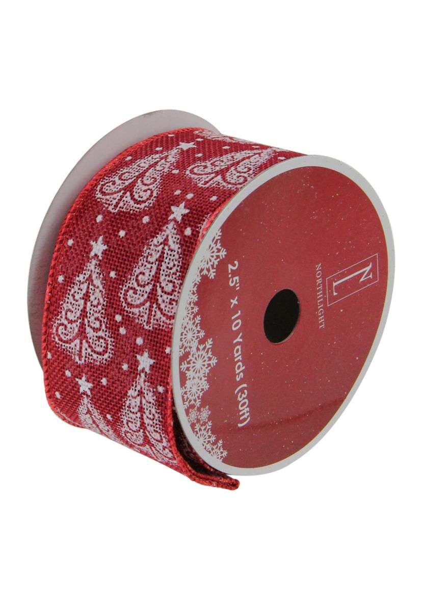 Pack of 12 Cranberry Red and White Trees Wired Christmas Craft Ribbon 2.5 x 120 Yards