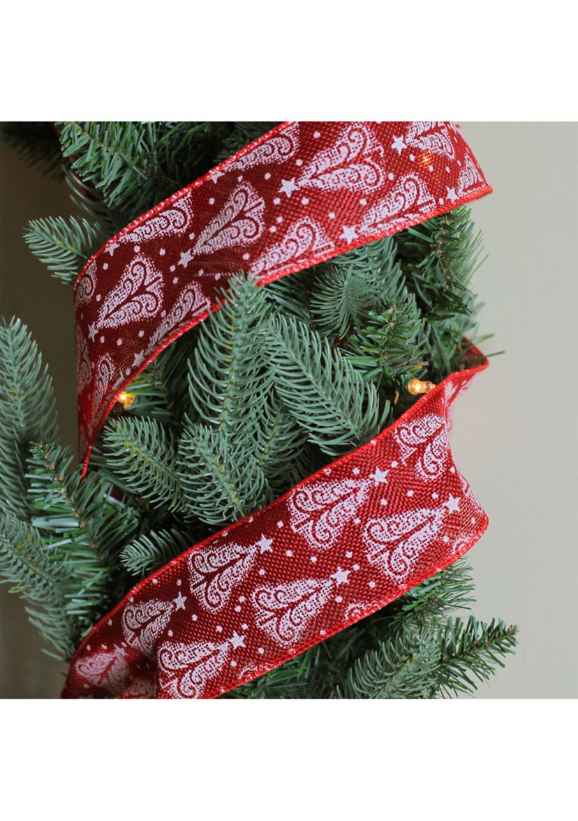 Pack of 12 Cranberry Red and White Trees Wired Christmas Craft Ribbon 2.5 x 120 Yards