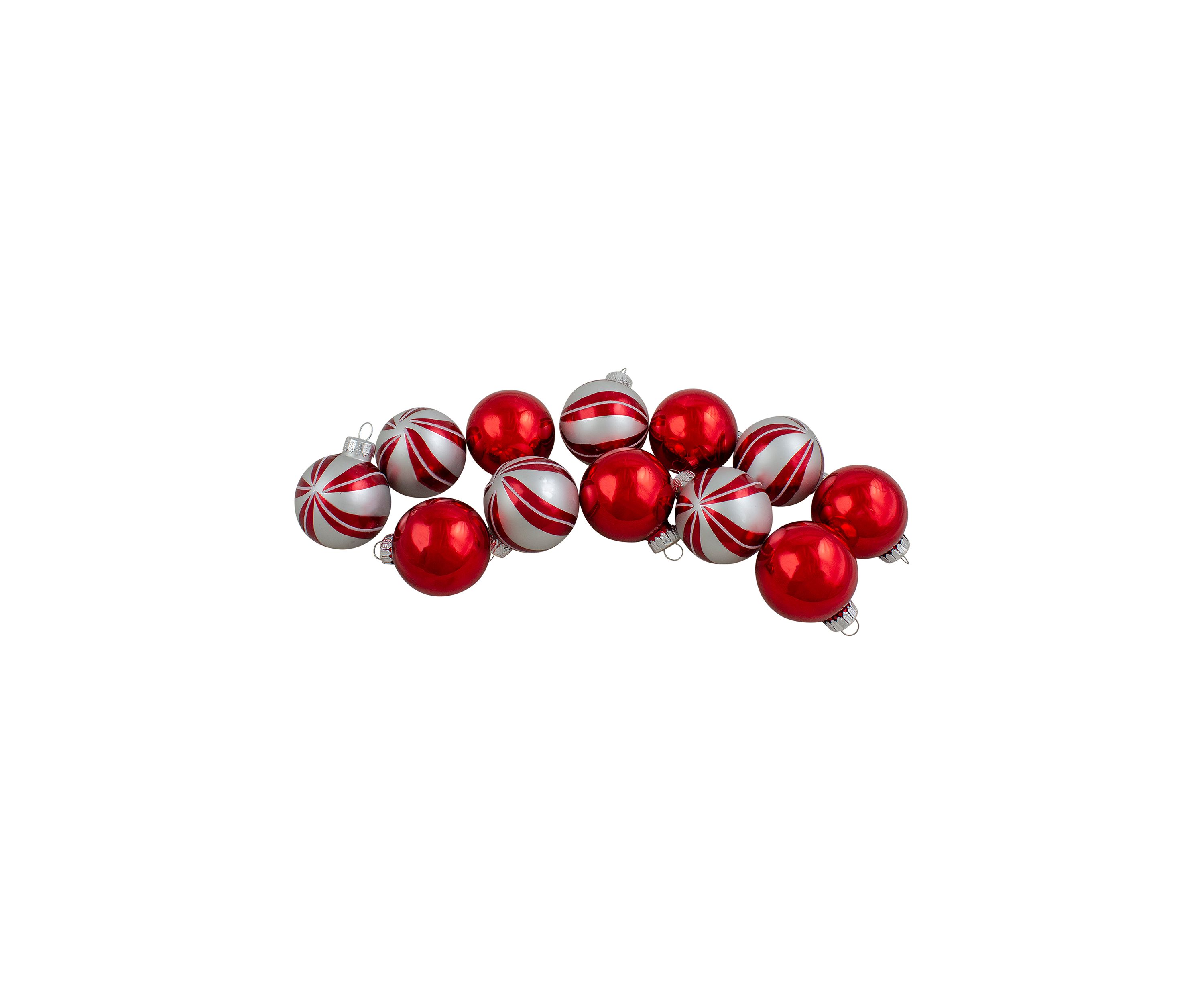 12ct Red and Silver 2-Finish Swirl Glass Christmas Ball Ornaments 1.75Inch (45mm)