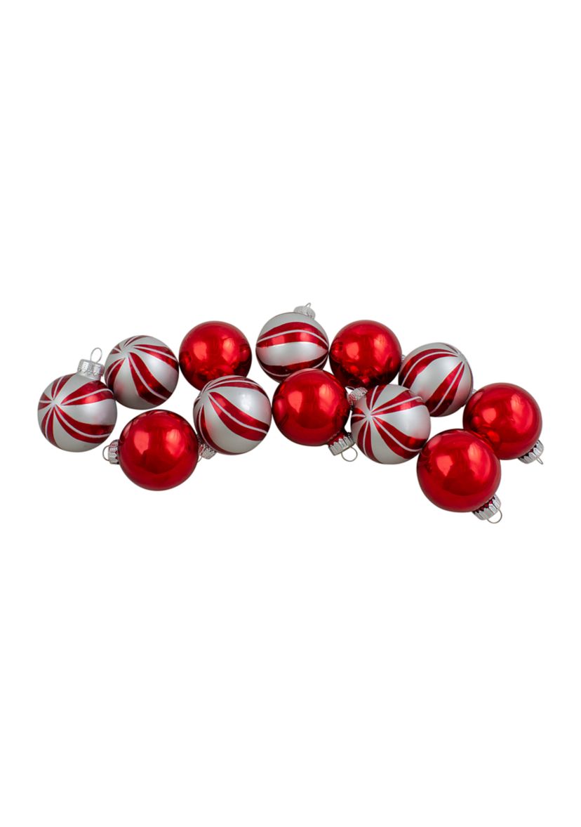12ct Red and Silver 2-Finish Swirl Glass Christmas Ball Ornaments 1.75Inch (45mm)