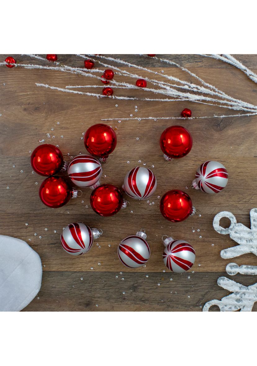 12ct Red and Silver 2-Finish Swirl Glass Christmas Ball Ornaments 1.75Inch (45mm)