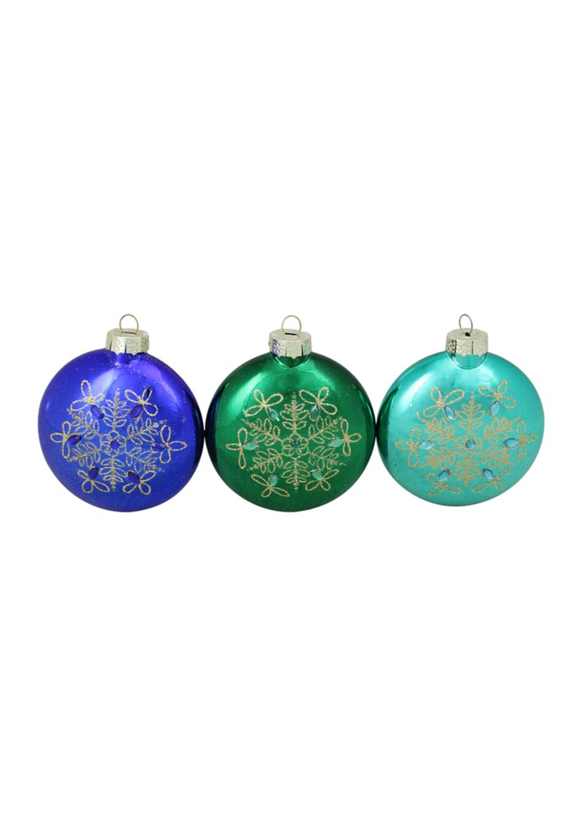 Set of 3 Blue and Green Glitter Snowflake 3.25" Disc Shaped Glass Christmas Ornament 