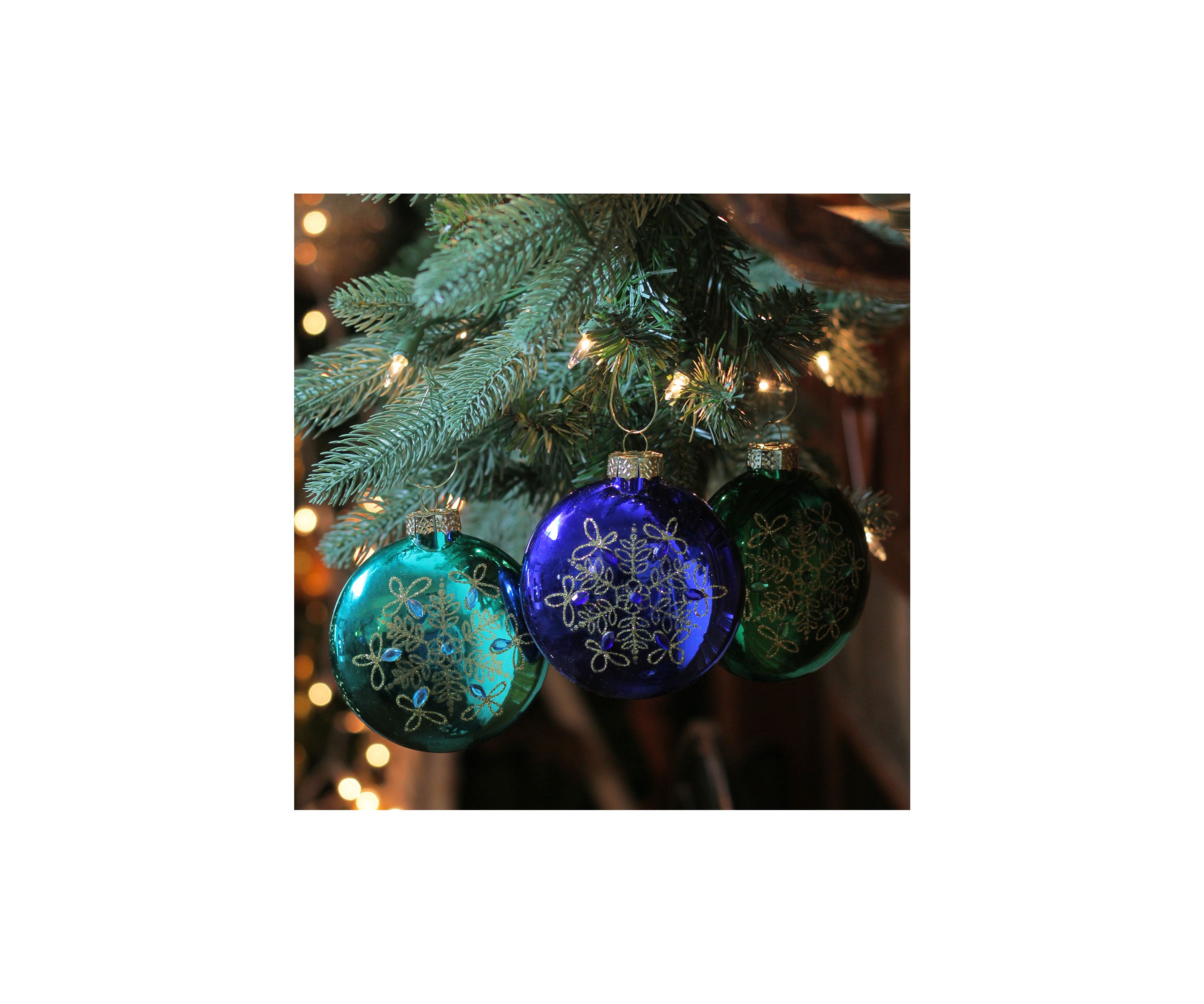 Set of 3 Blue and Green Glitter Snowflake 3.25" Disc Shaped Glass Christmas Ornament 