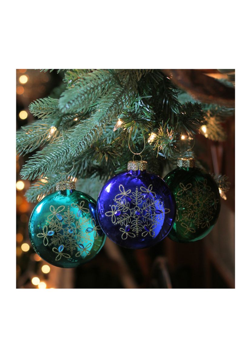 Set of 3 Blue and Green Glitter Snowflake 3.25" Disc Shaped Glass Christmas Ornament 