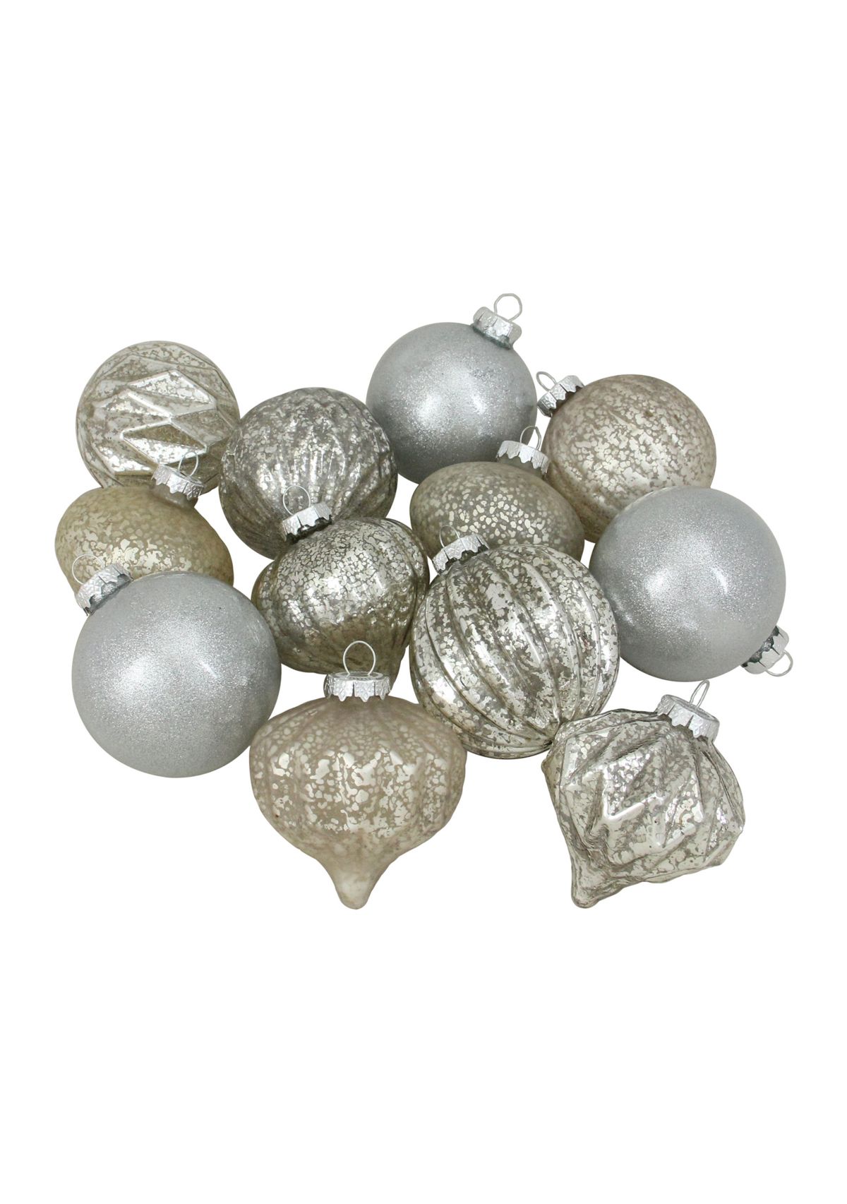 12ct Champagne and Silver Mercury Glass Style Glass Christmas Ornament Set 3Inch