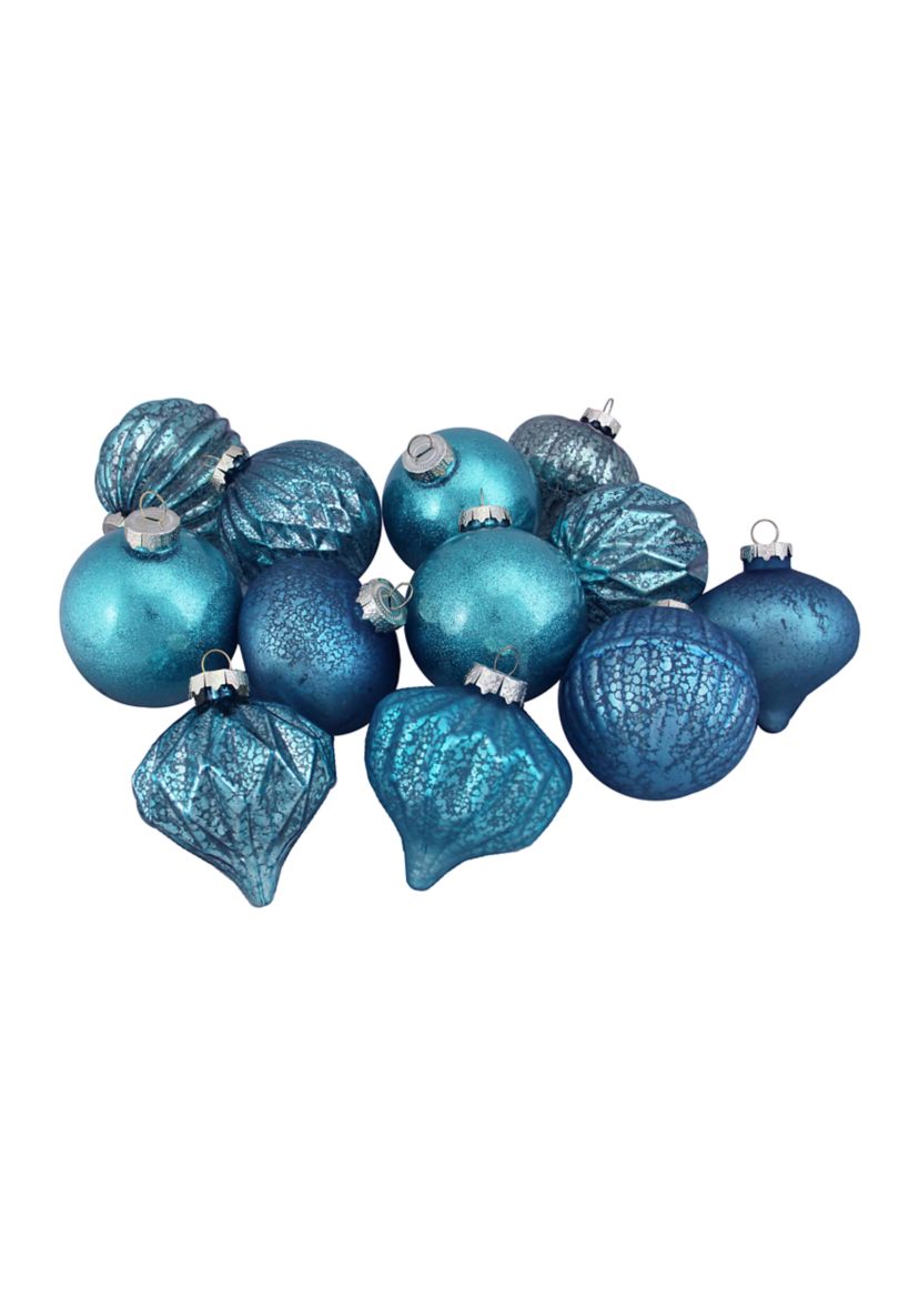 12ct Teal Blue 3-Finish Christmas Ornaments 3.75Inch (95mm)