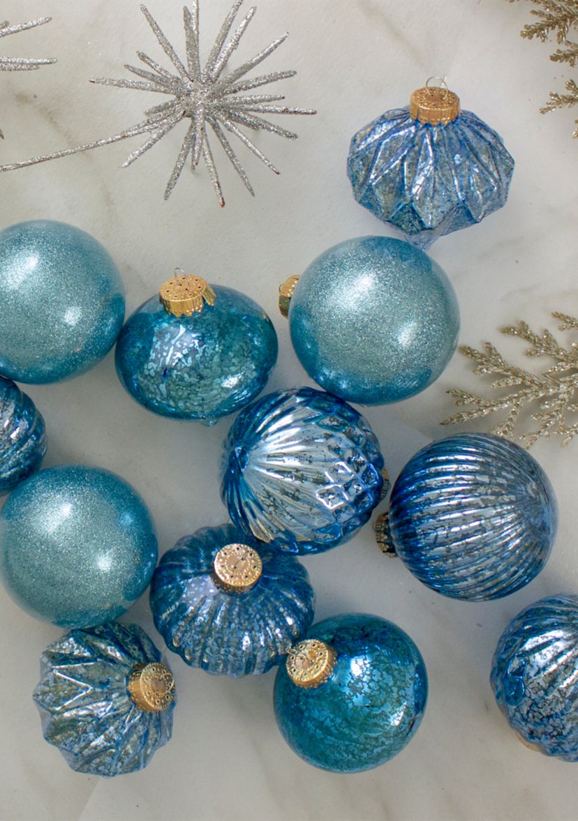 12ct Teal Blue 3-Finish Christmas Ornaments 3.75Inch (95mm)
