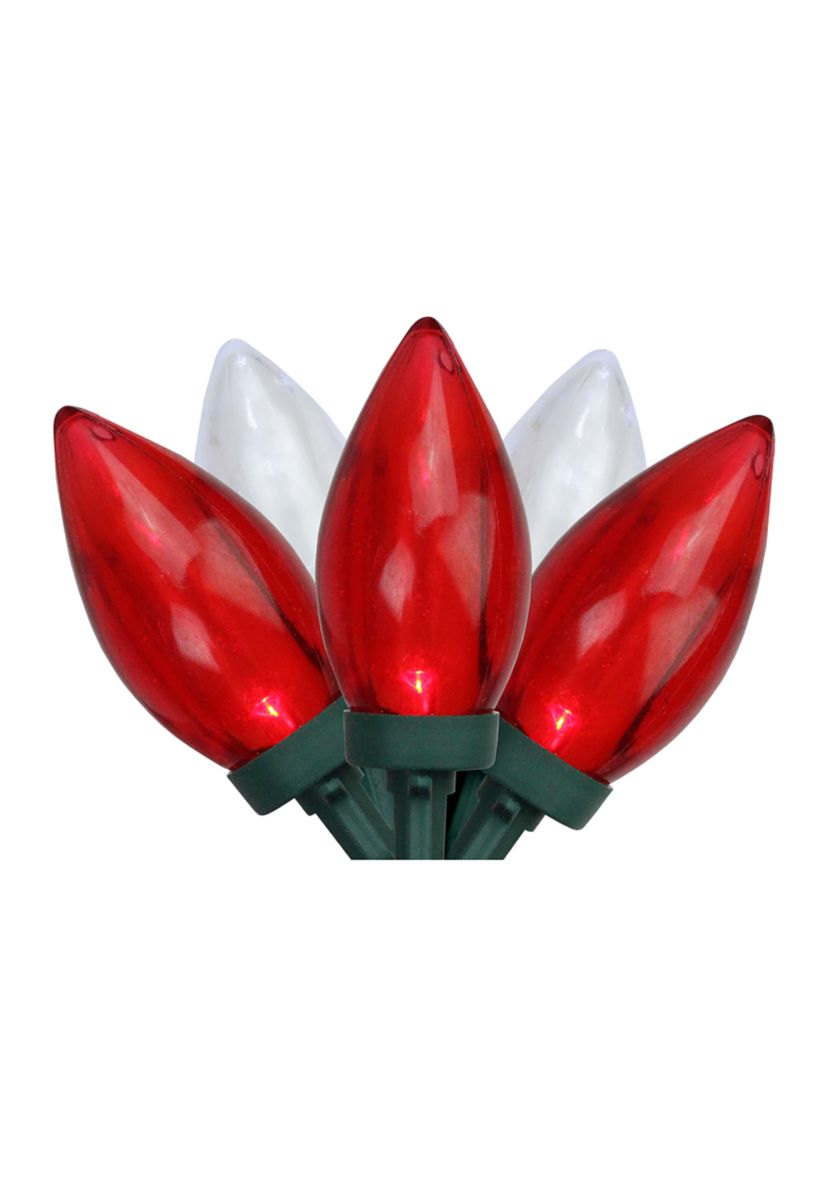 25 Red and Pure White C9 Christmas Lights - 16 ft Green Wire