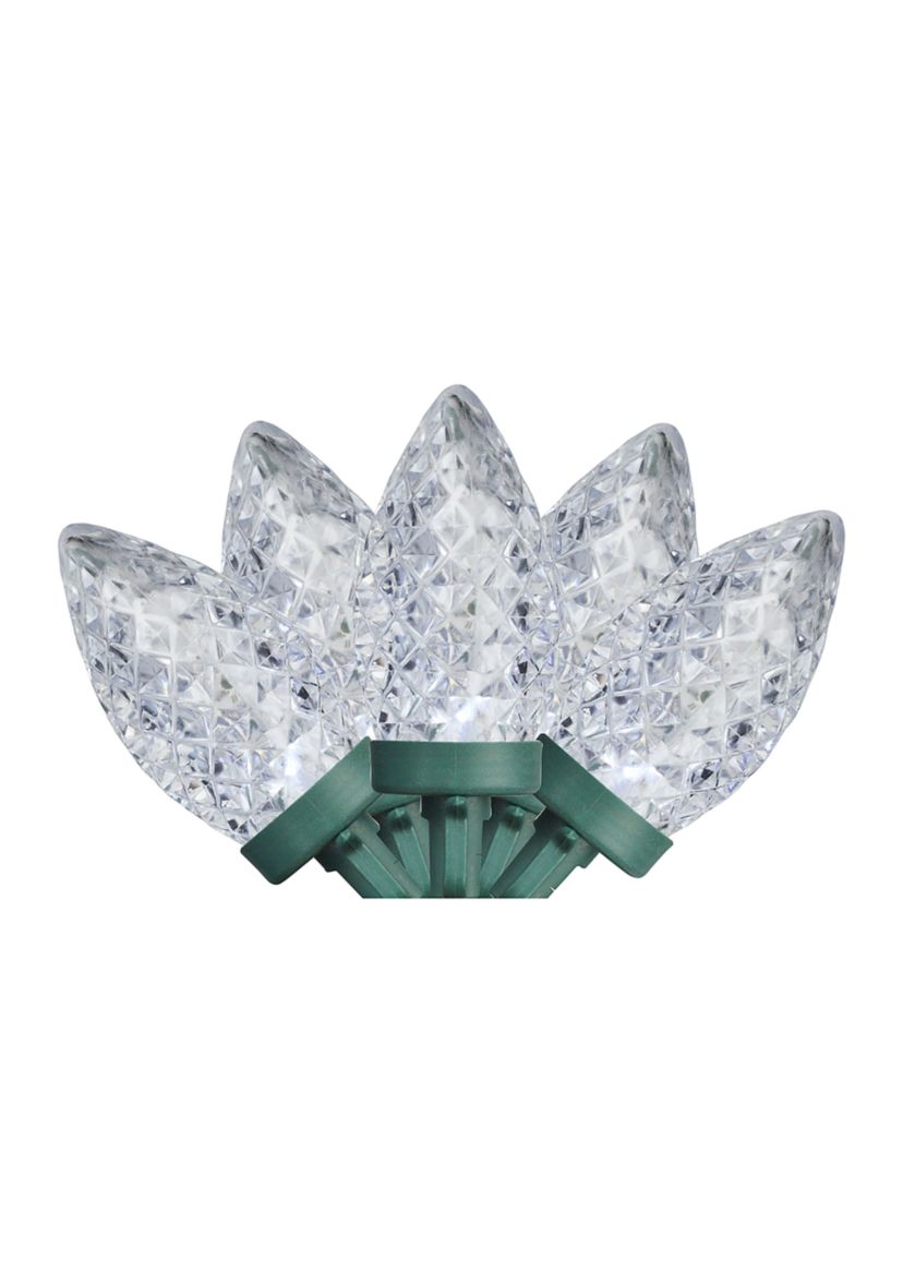 Set of 100 Pure White Faceted LED C9 Christmas Lights - Green Wire