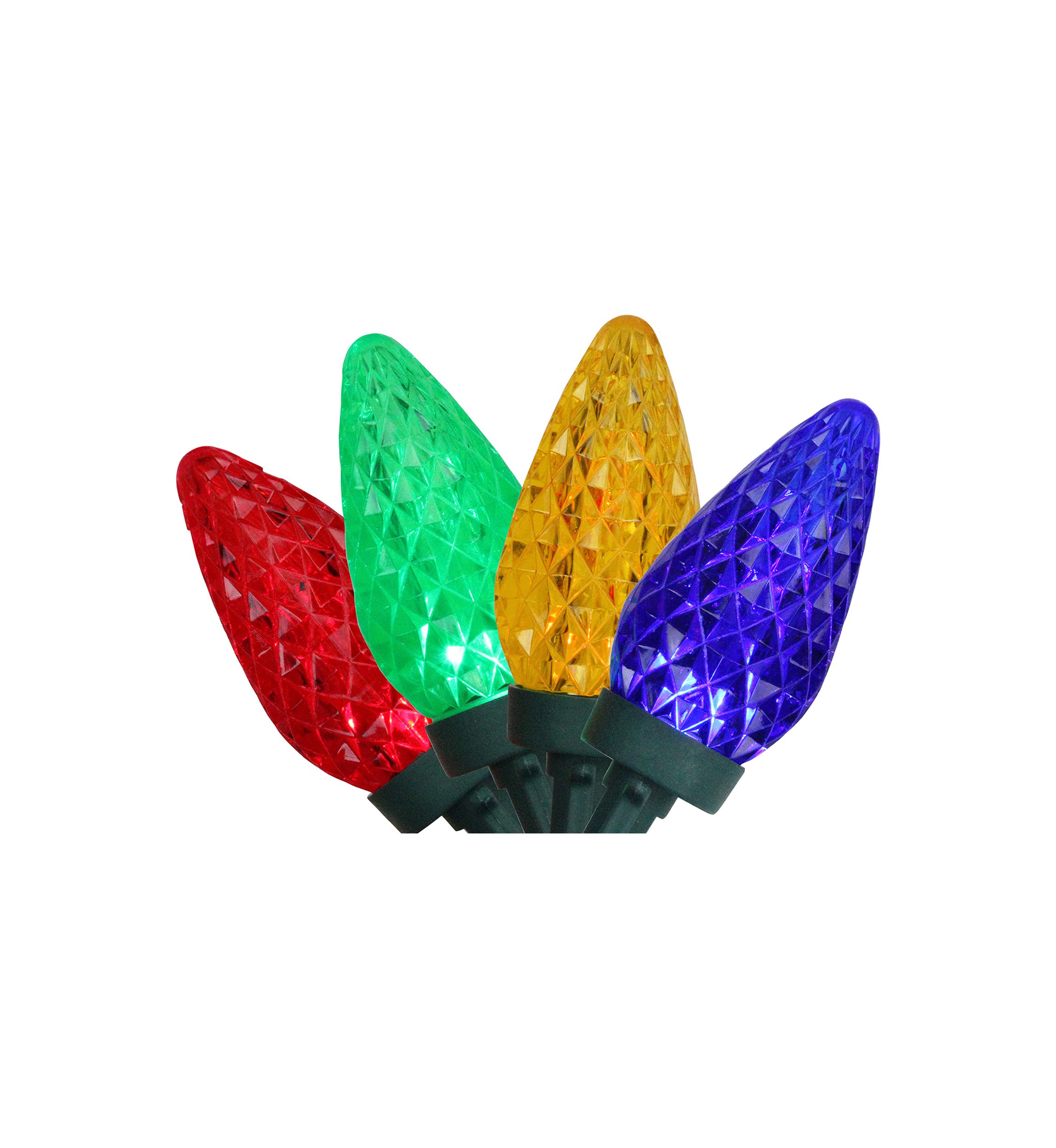 100 Multi-Color Faceted LED C9 Christmas Lights - 66 ft Green Wire