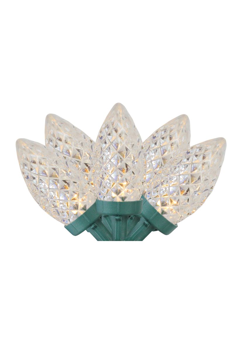 100 Warm White LED Faceted C7 Christmas Lights - 66 ft Green Wire