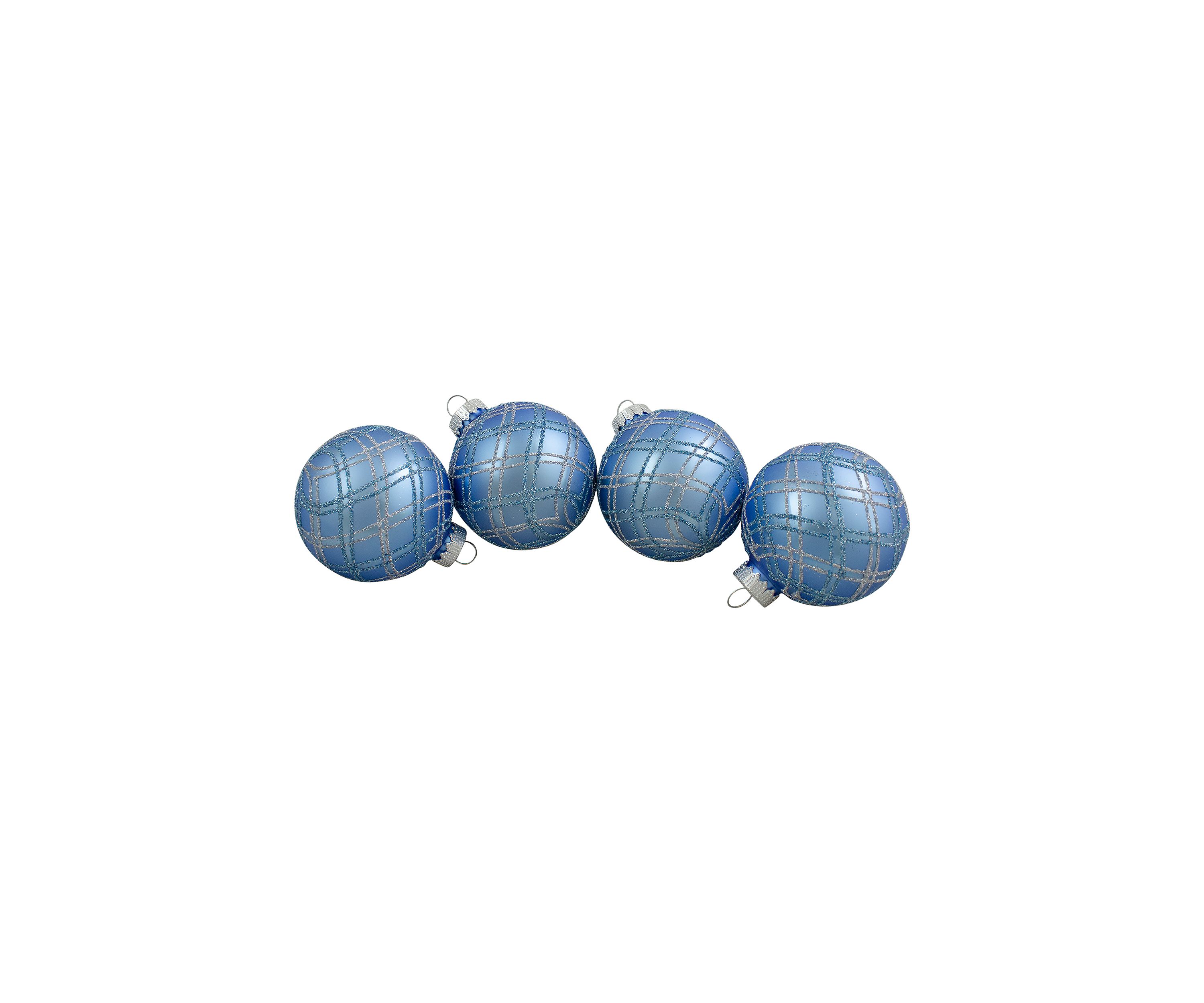 4ct Blue and Silver Plaid Glitter Glass Christmas Ornament Ball Set 2.75Inch (70mm)