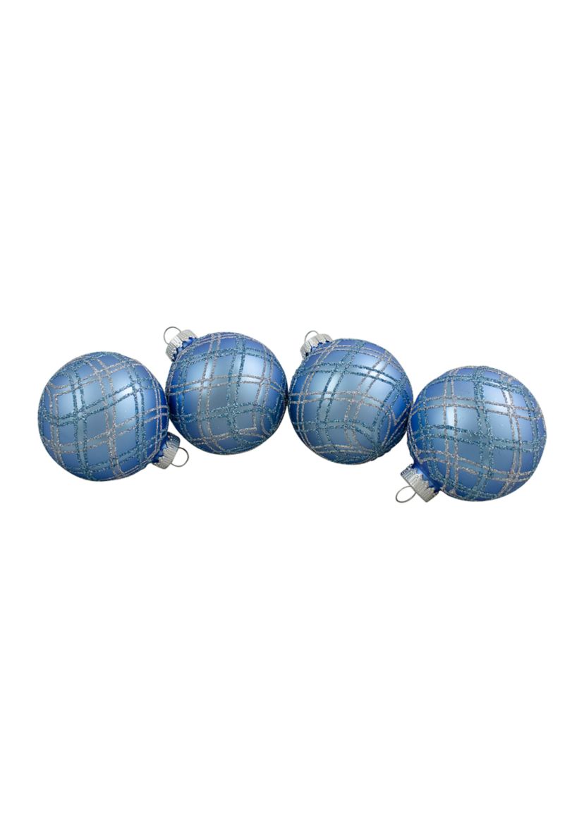4ct Blue and Silver Plaid Glitter Glass Christmas Ornament Ball Set 2.75Inch (70mm)