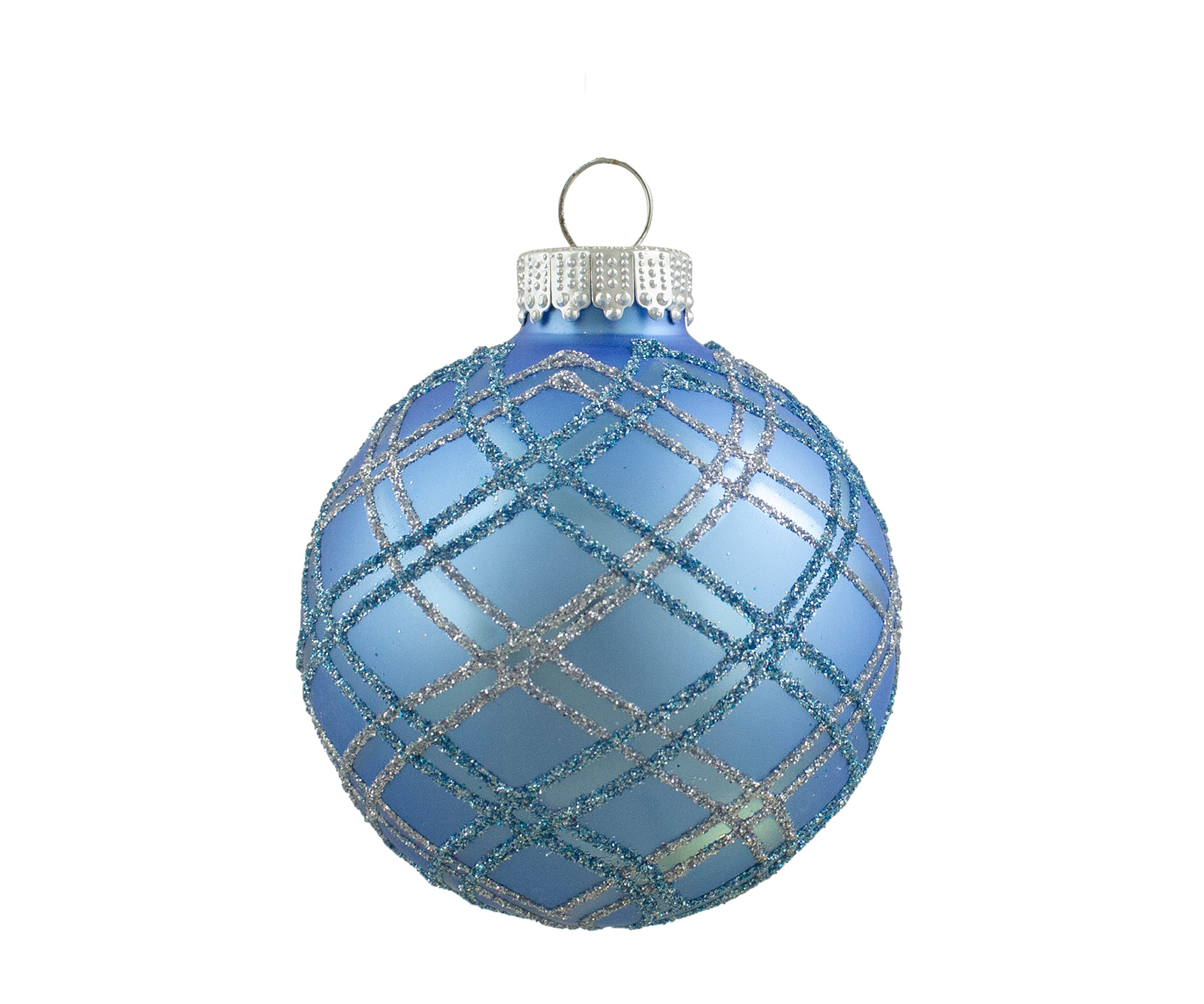 4ct Blue and Silver Plaid Glitter Glass Christmas Ornament Ball Set 2.75Inch (70mm)