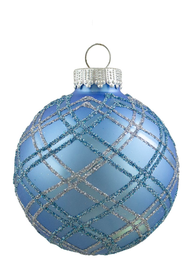 4ct Blue and Silver Plaid Glitter Glass Christmas Ornament Ball Set 2.75Inch (70mm)