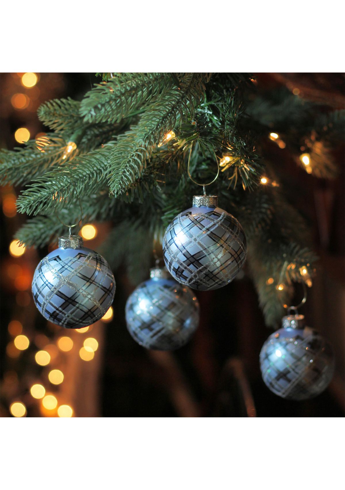 4ct Blue and Silver Plaid Glitter Glass Christmas Ornament Ball Set 2.75Inch (70mm)