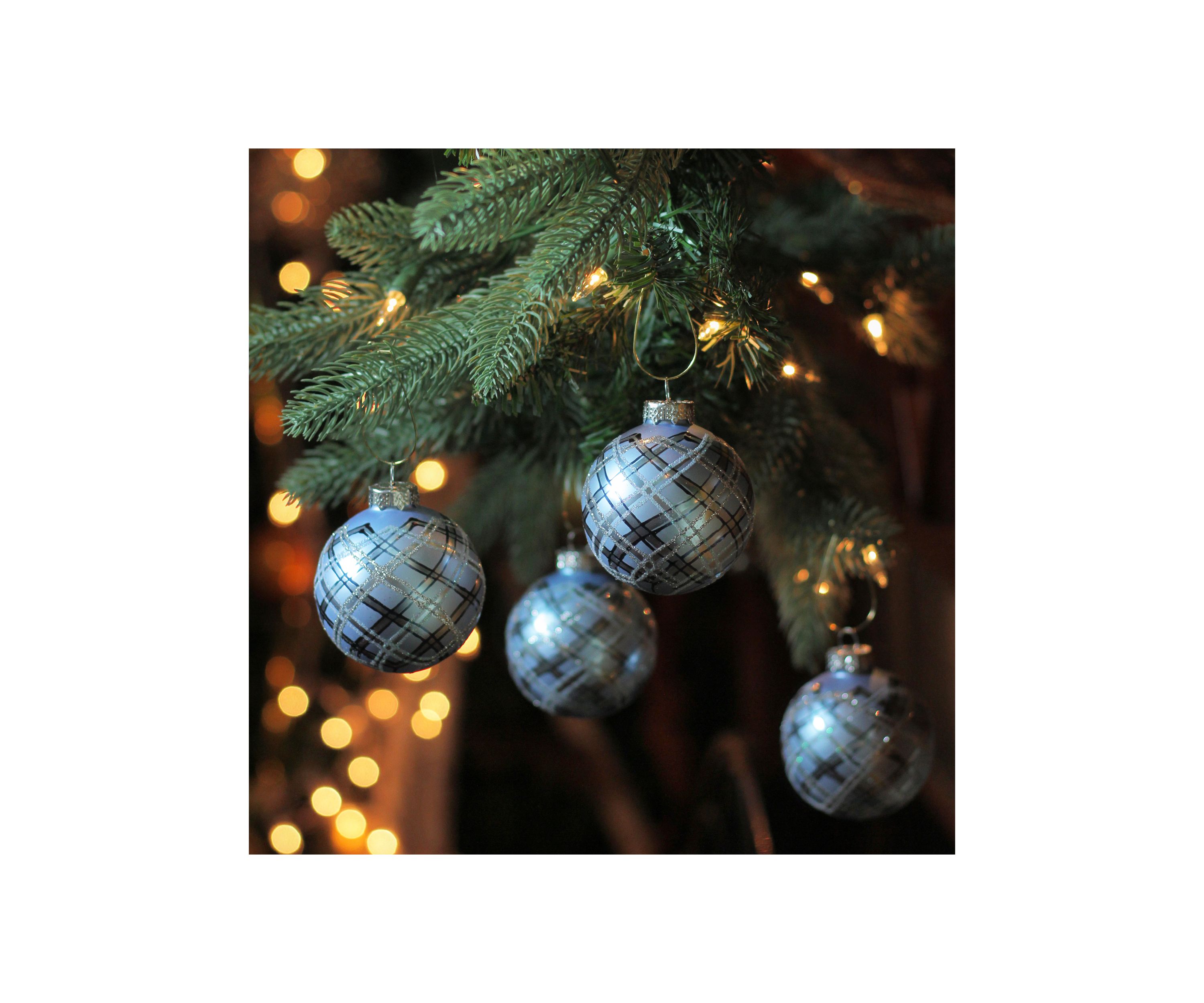 4ct Blue and Silver Plaid Glitter Glass Christmas Ornament Ball Set 2.75Inch (70mm)