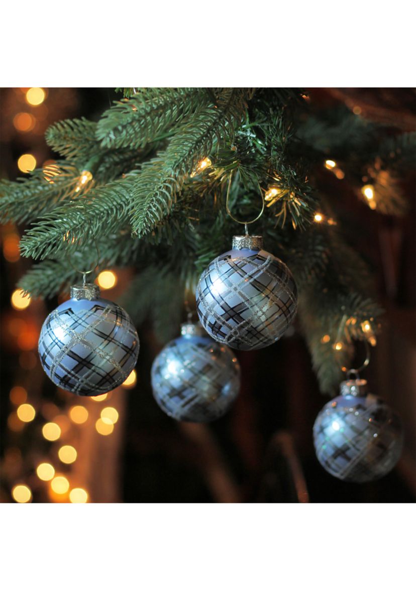 4ct Blue and Silver Plaid Glitter Glass Christmas Ornament Ball Set 2.75Inch (70mm)