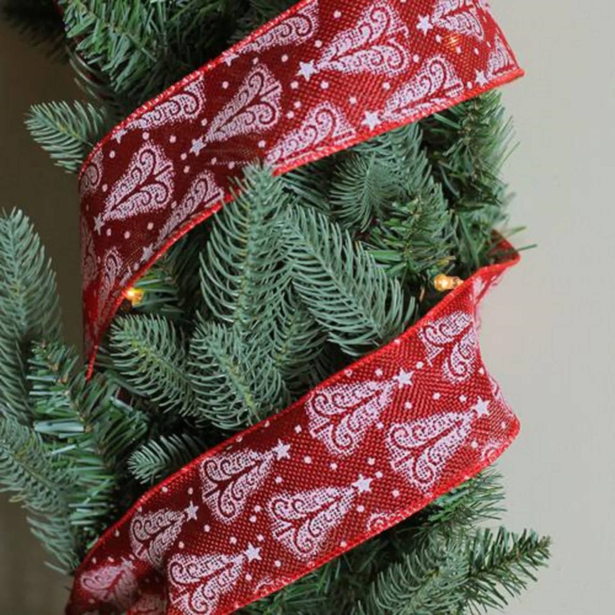 Cranberry Red and White Trees Burlap Wired Christmas Craft Ribbon 2.5" x 10 Yards
