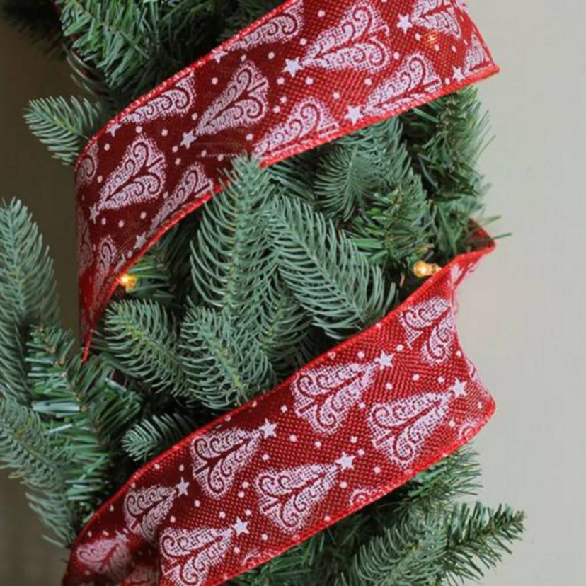 Cranberry Red and White Trees Burlap Wired Christmas Craft Ribbon 2.5" x 10 Yards