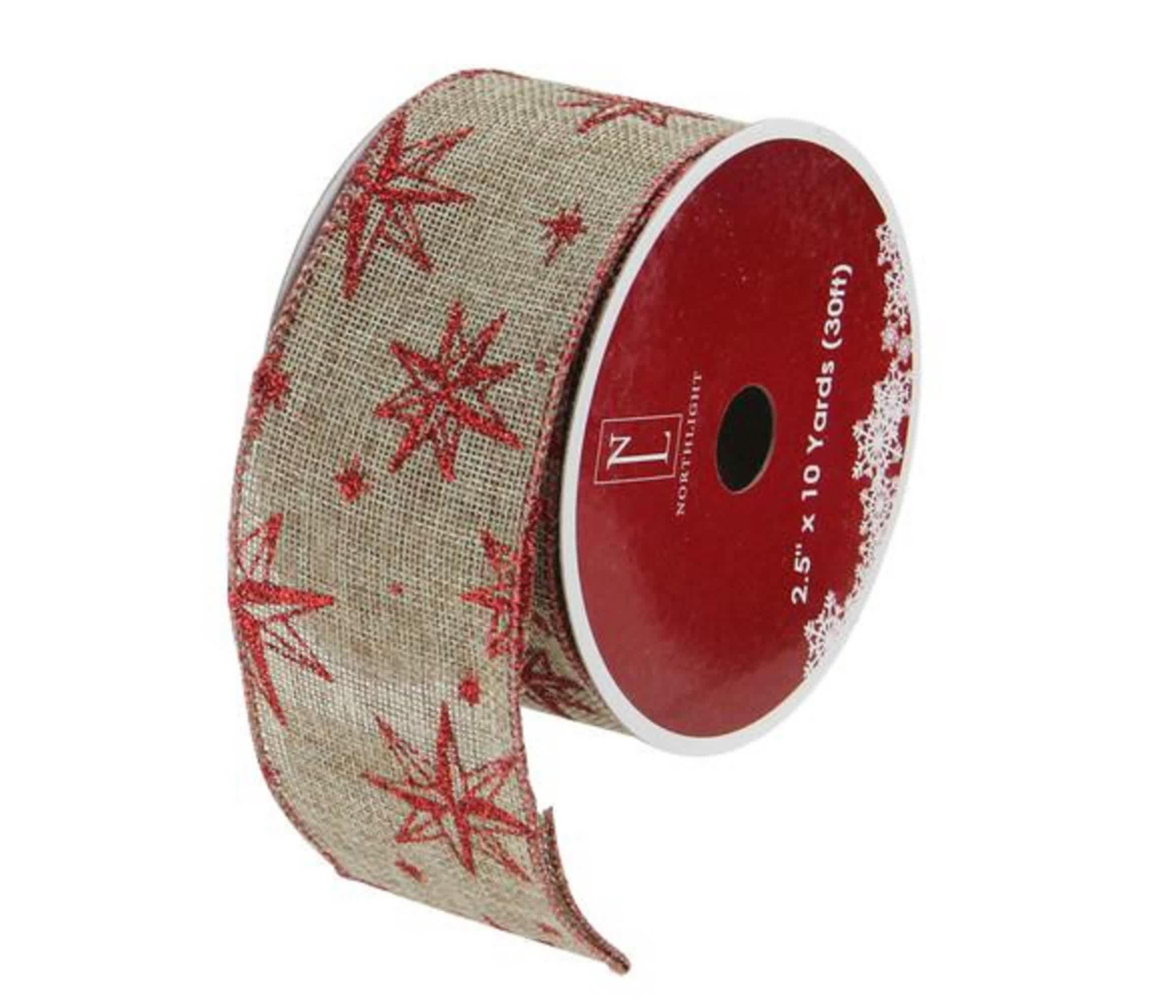 Red and Beige Star Wired Christmas Craft Ribbon 2.5" x 10 Yards