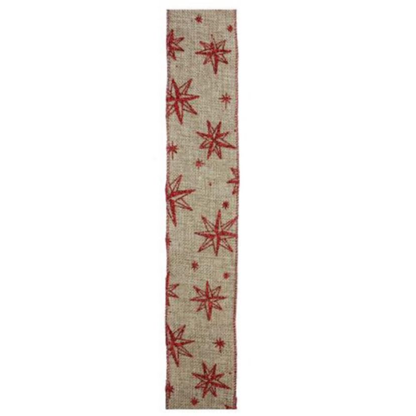 Red and Beige Star Wired Christmas Craft Ribbon 2.5" x 10 Yards