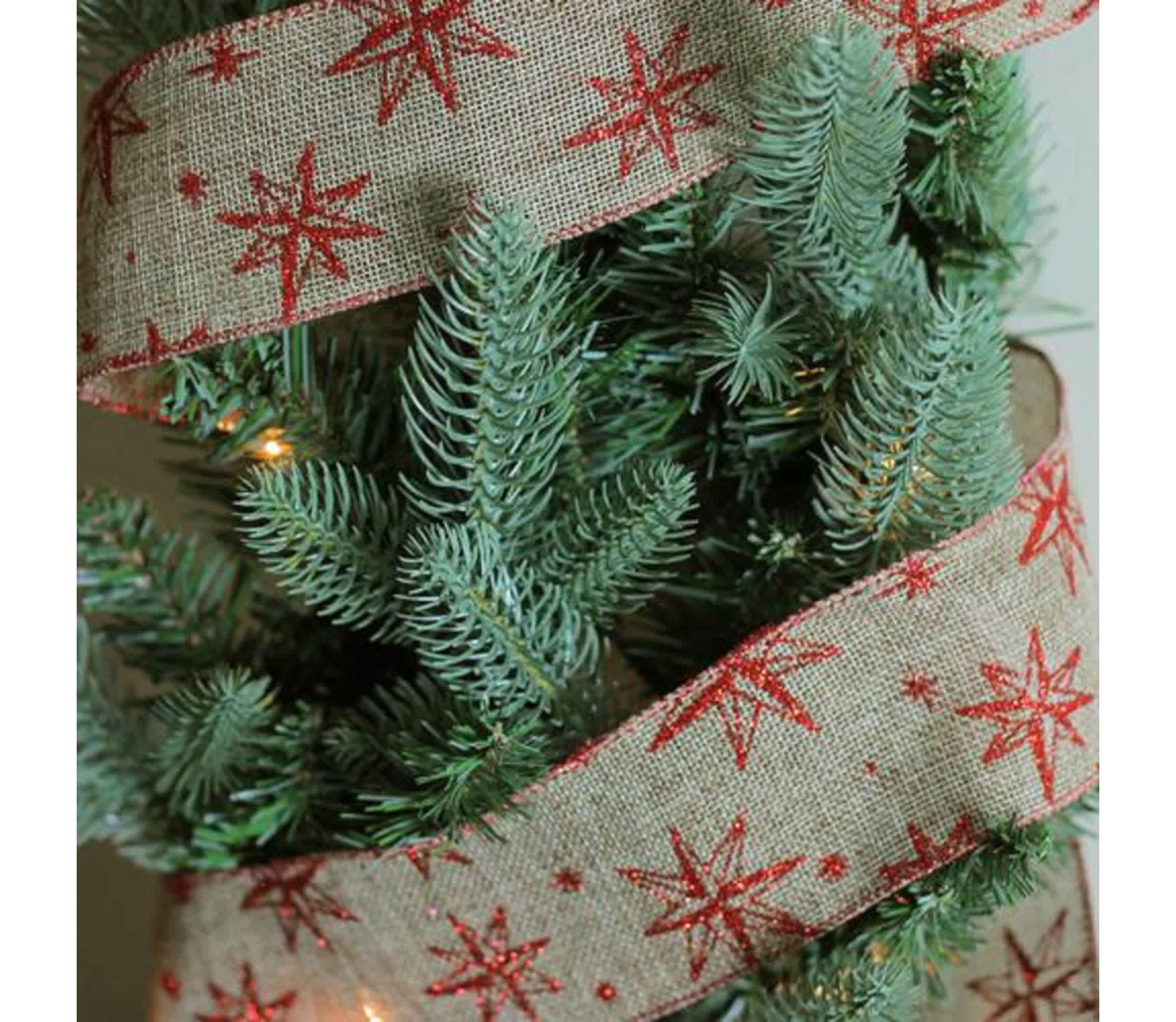 Red and Beige Star Wired Christmas Craft Ribbon 2.5" x 10 Yards