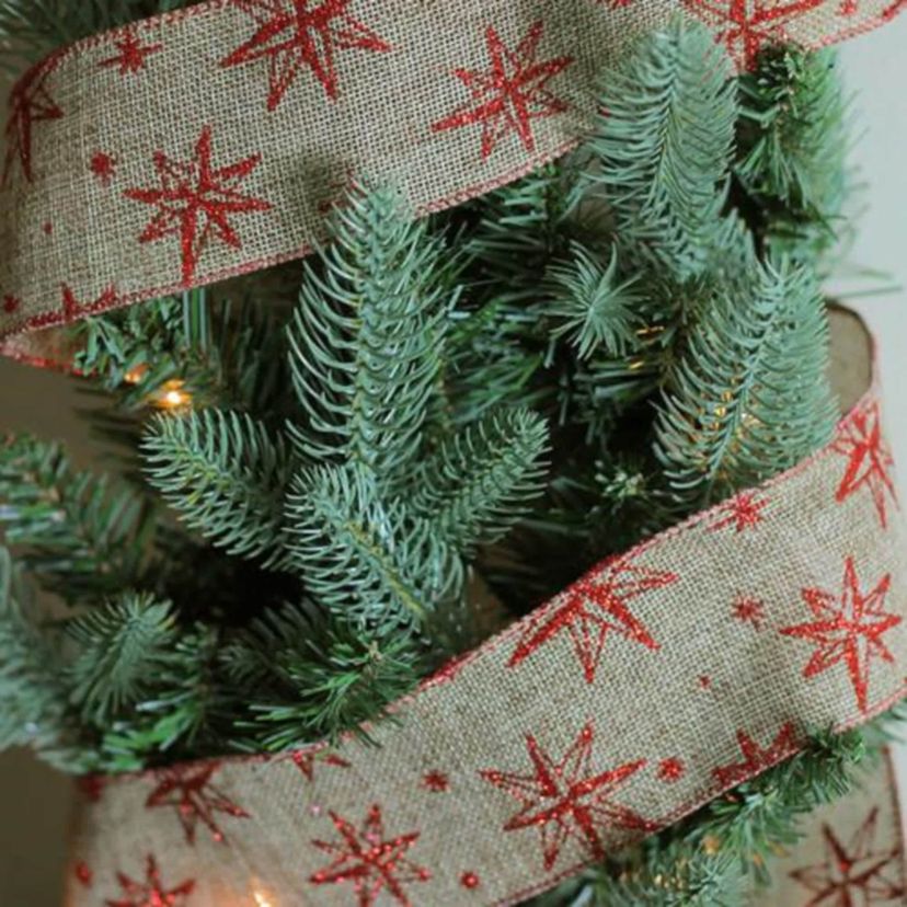 Red and Beige Star Wired Christmas Craft Ribbon 2.5" x 10 Yards