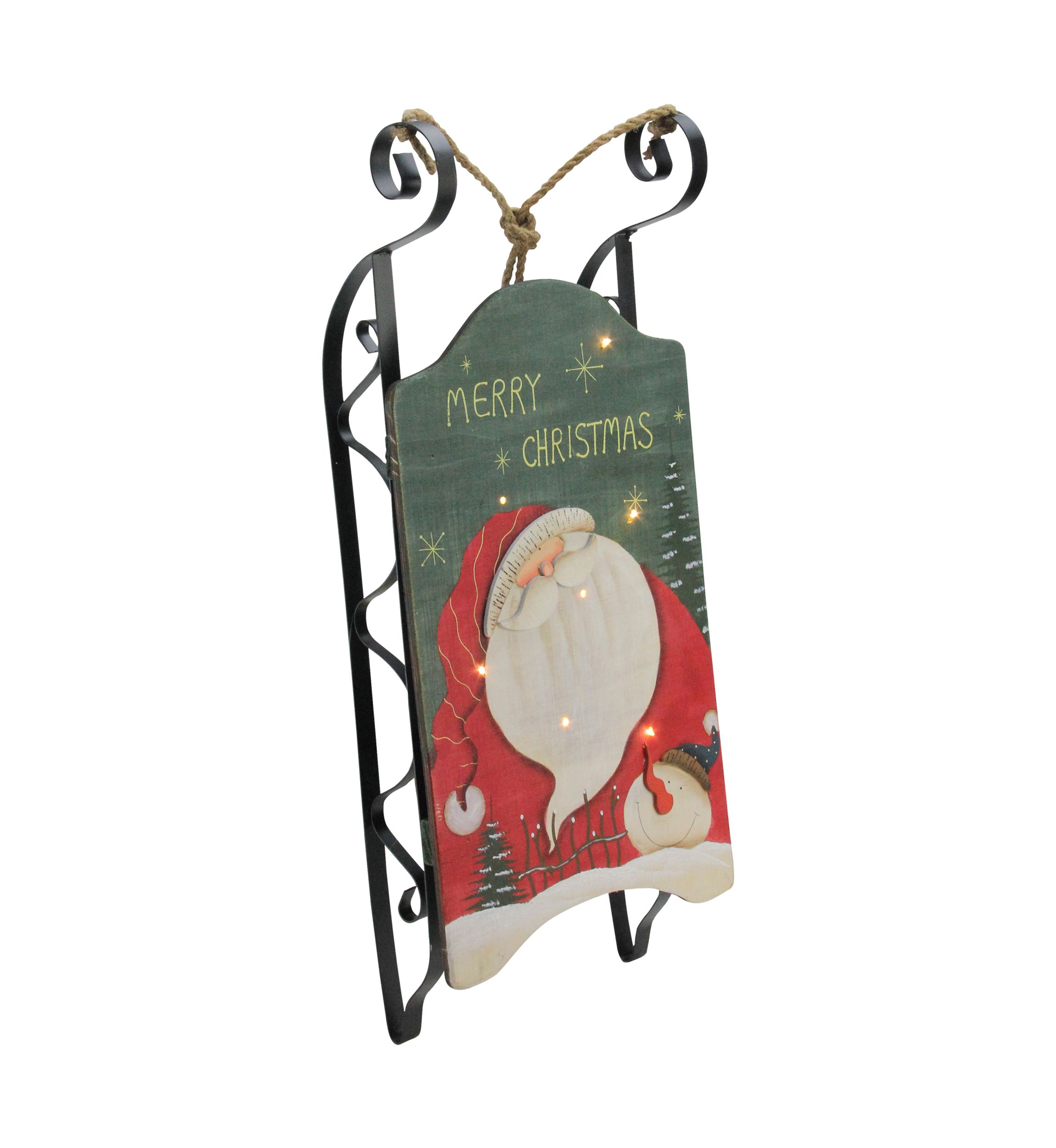 19.5Inch Hanging Wooden and Metal Santa Claus LED Decorative Christmas Sleigh