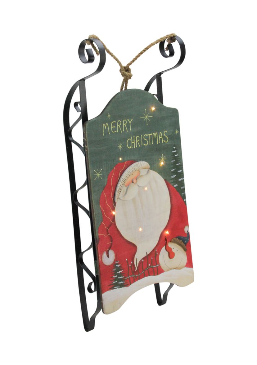 19.5Inch Hanging Wooden and Metal Santa Claus LED Decorative Christmas Sleigh