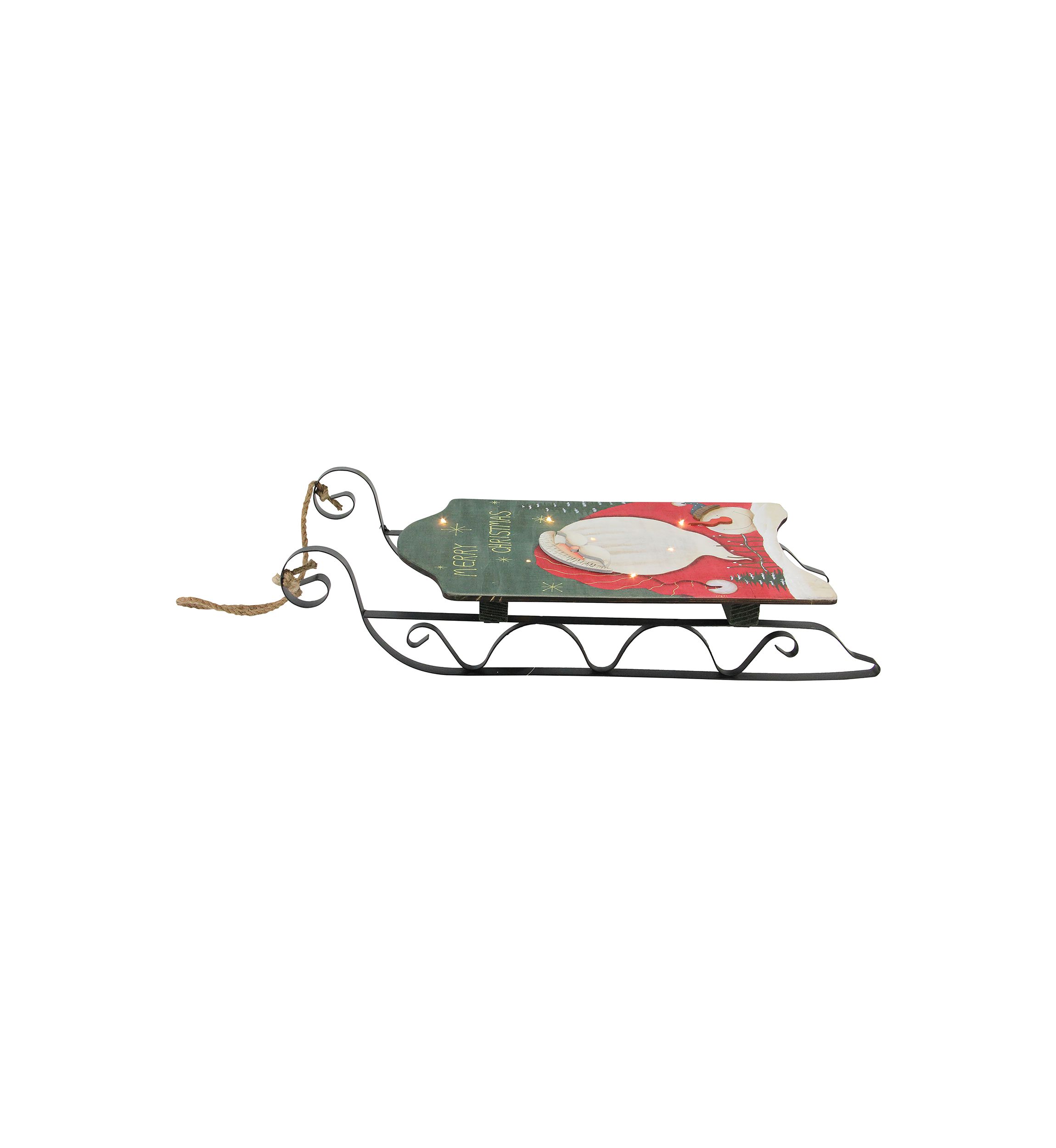 19.5Inch Hanging Wooden and Metal Santa Claus LED Decorative Christmas Sleigh