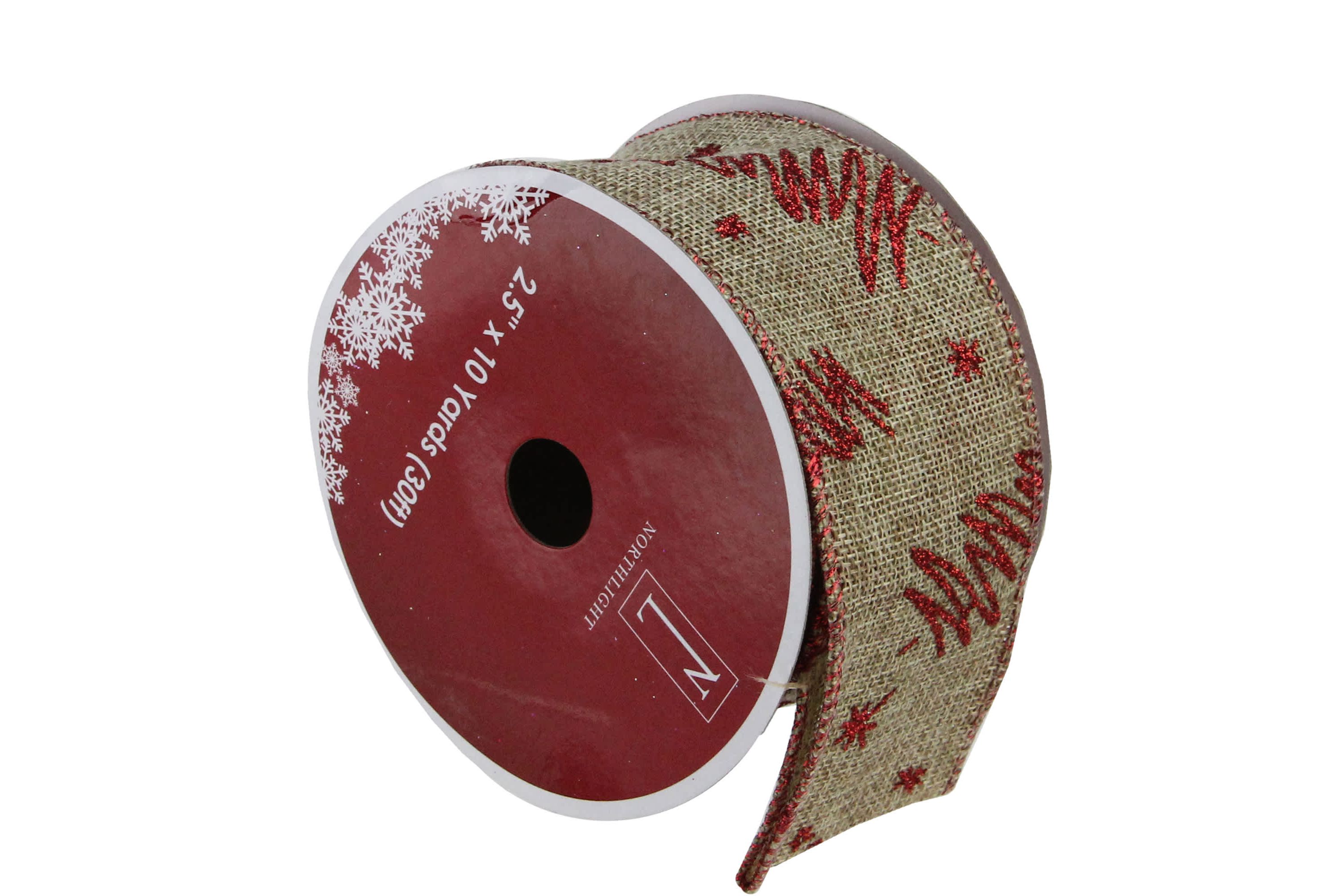 Red and Beige Christmas Tree Wired Craft Ribbon 2.5" x 10 Yards