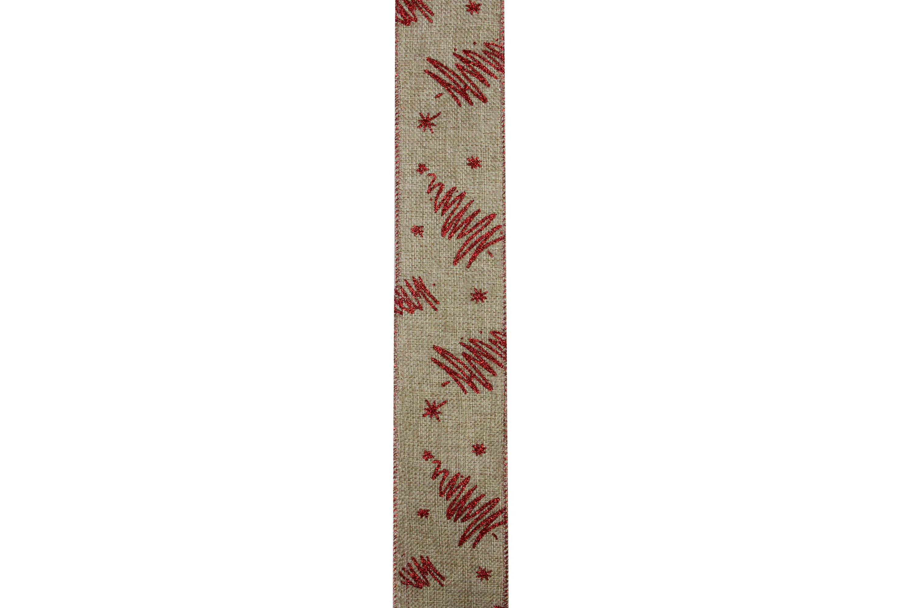 Red and Beige Christmas Tree Wired Craft Ribbon 2.5" x 10 Yards
