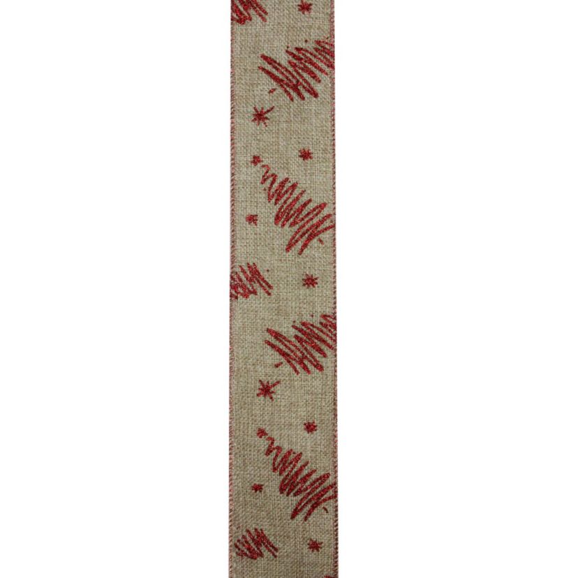 Red and Beige Christmas Tree Wired Craft Ribbon 2.5" x 10 Yards