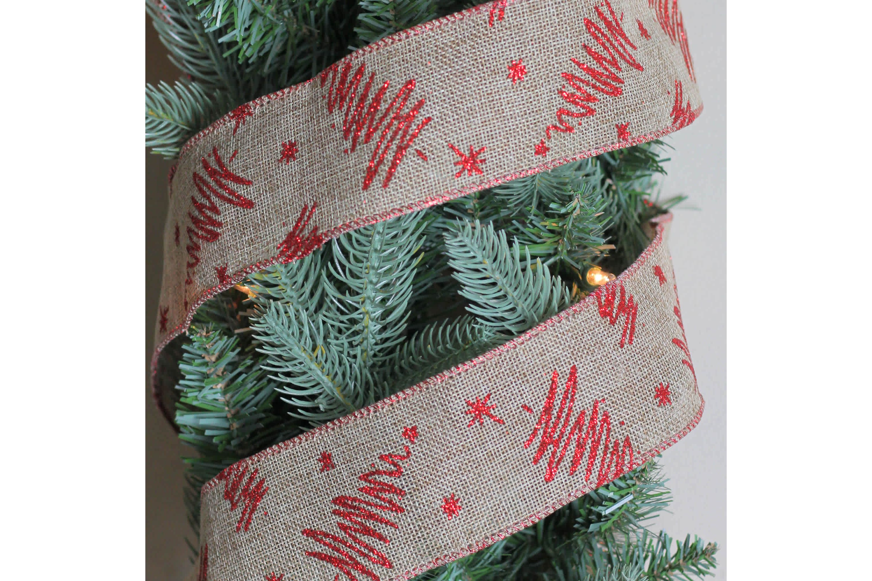 Red and Beige Christmas Tree Wired Craft Ribbon 2.5" x 10 Yards
