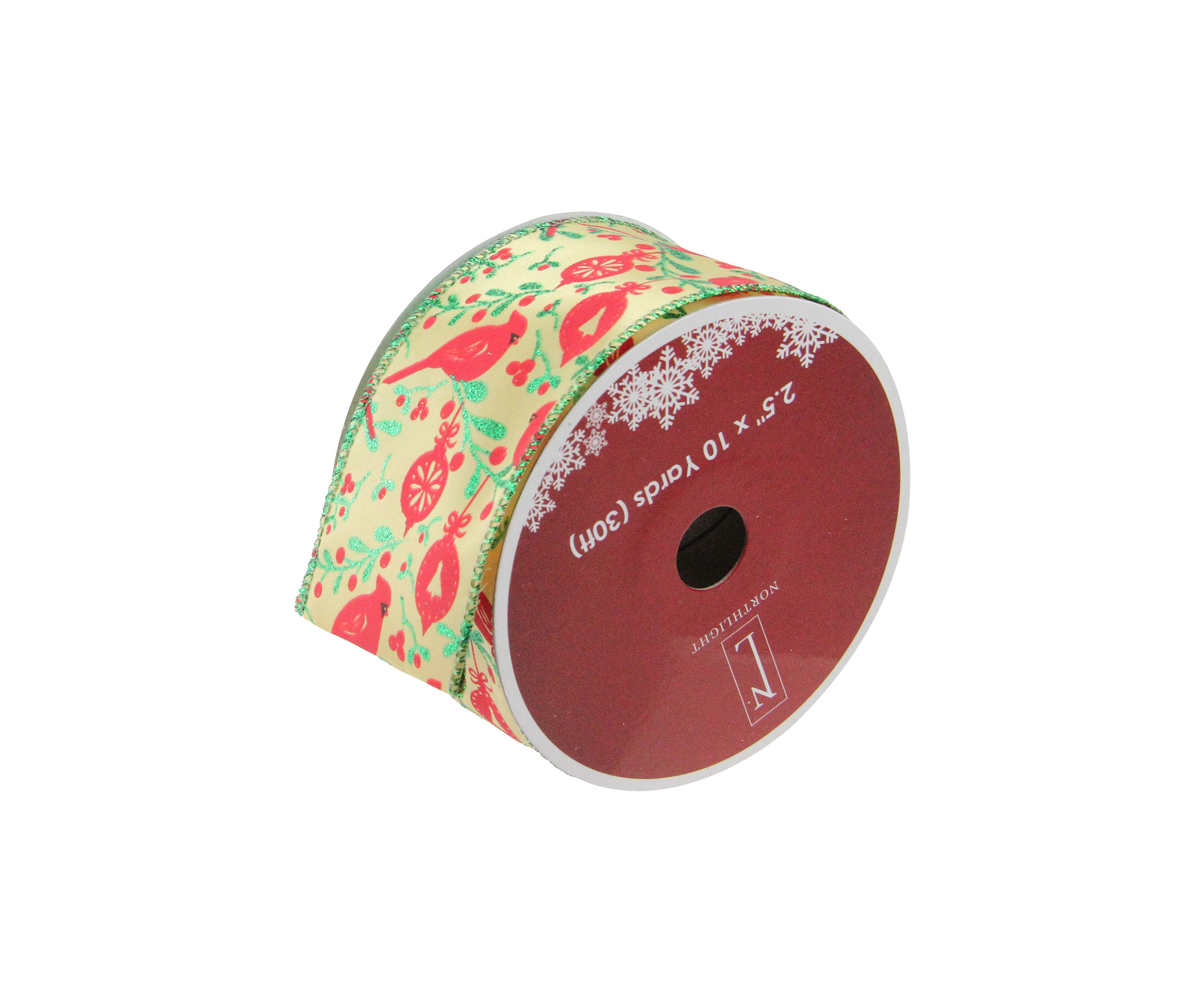 Club Pack of 12 Green and Ivory Cardinals Wired Christmas Craft Ribbon Spools 2.5Inch x 120 Yards