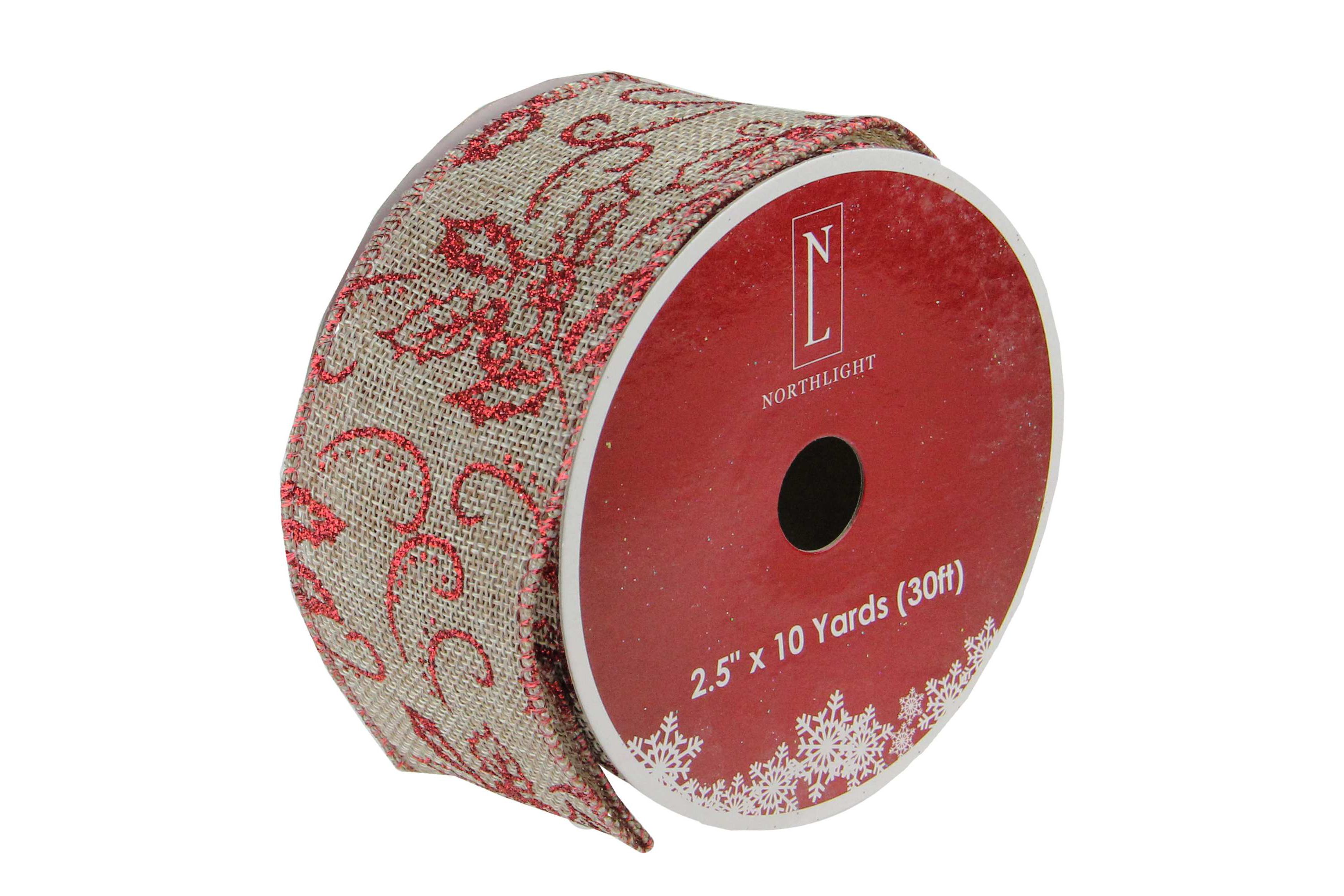Red and Beige Christmas Wired Craft Ribbon 2.5" x 10 Yards