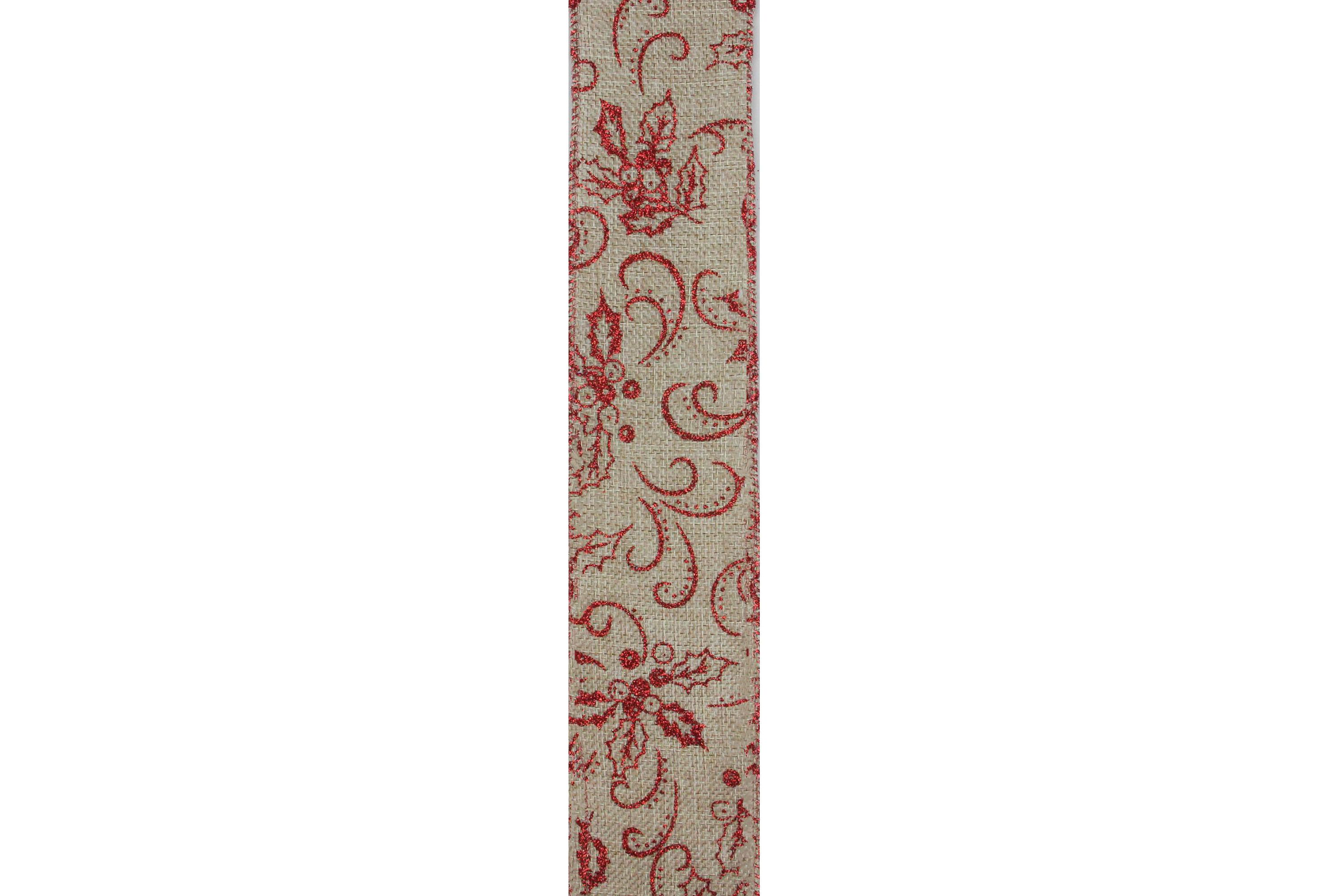 Red and Beige Christmas Wired Craft Ribbon 2.5" x 10 Yards