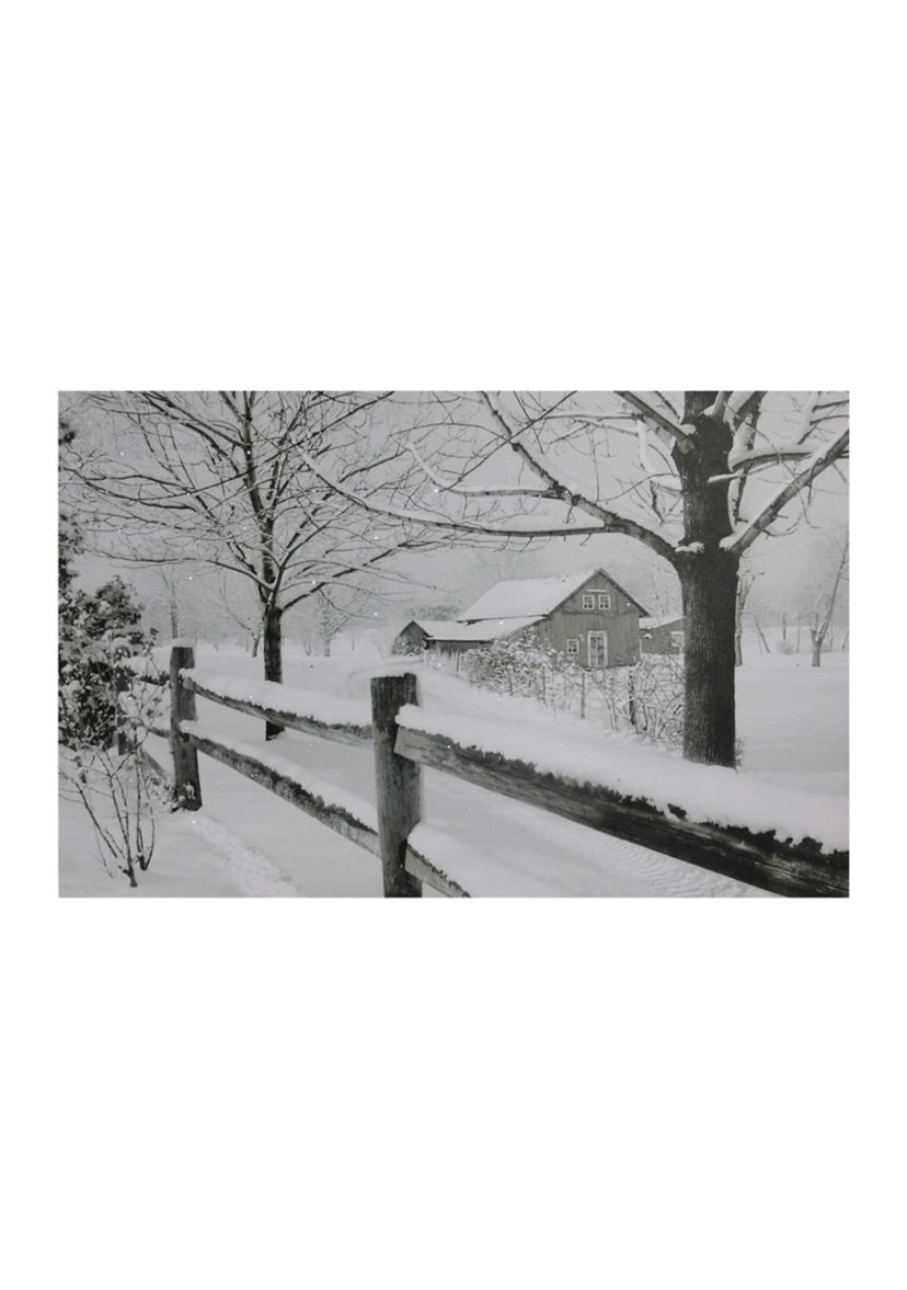 Large Fiber Optic Lighted Snowy Winter Cabin Canvas Wall Art 23.5Inch x 15.5Inch