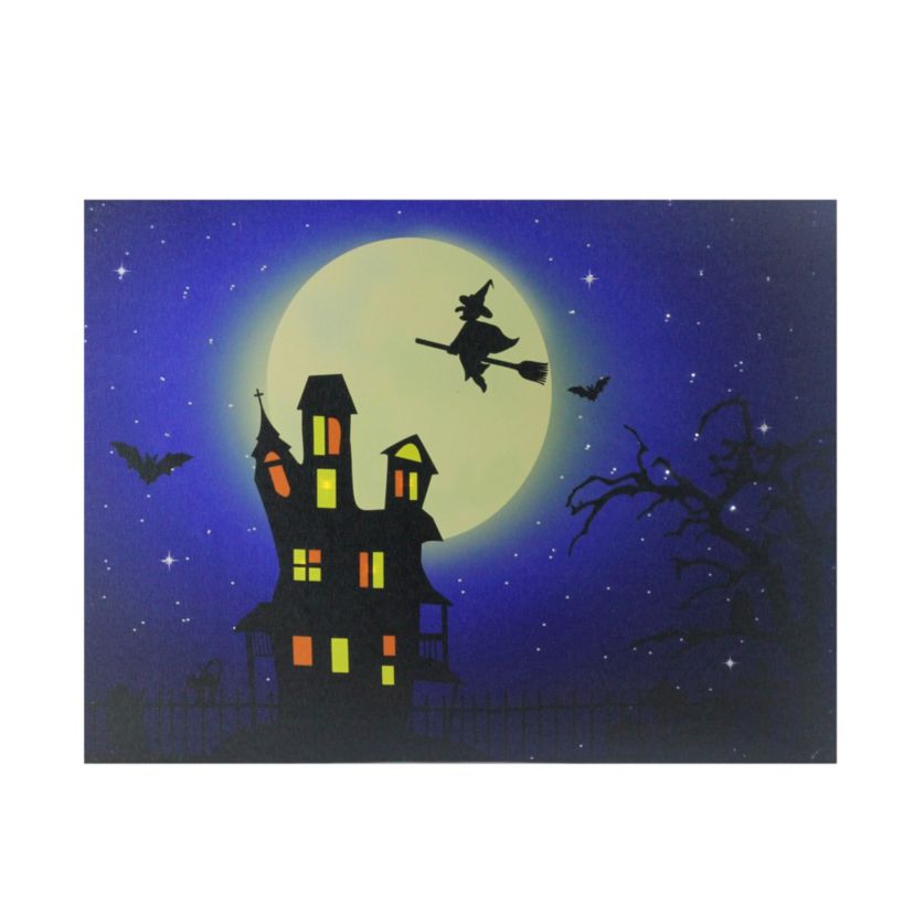 Fiber Optic and LED Lighted Witch in the Moon Halloween Canvas Wall Art 12inch x 15.75inch