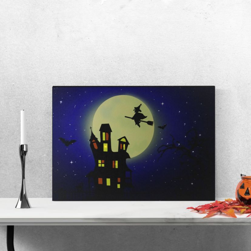 Fiber Optic and LED Lighted Witch in the Moon Halloween Canvas Wall Art 12inch x 15.75inch